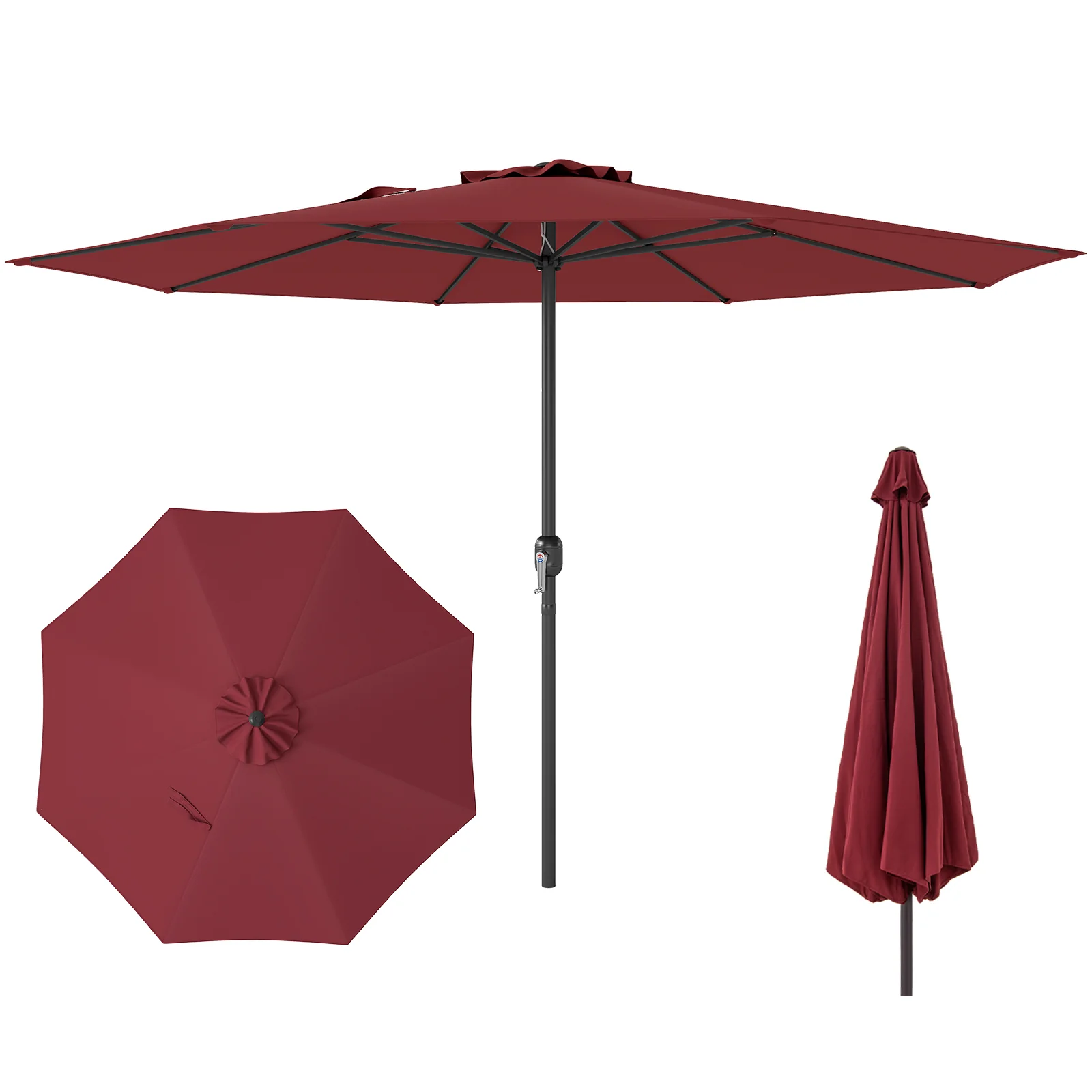 12 Feet Patio Umbrella, Crank Handle, 8 Ribs, Red - Image 4