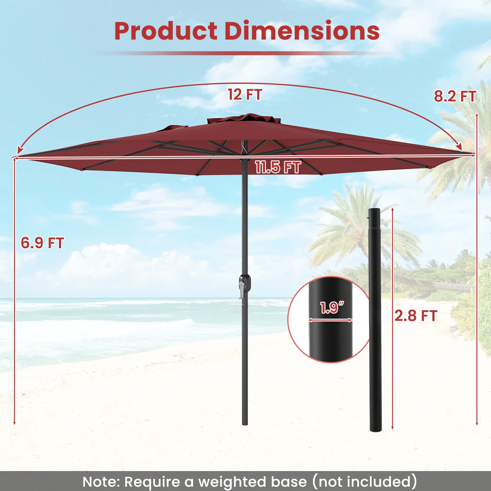 12 Feet Patio Umbrella, Crank Handle, 8 Ribs, Red - Image 5