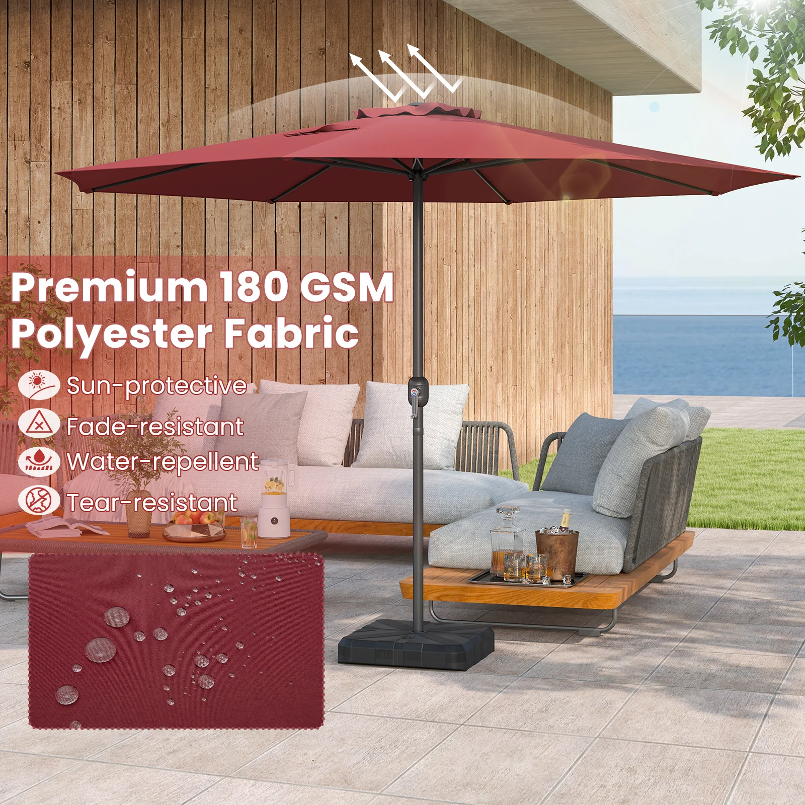 12 Feet Patio Umbrella, Crank Handle, 8 Ribs, Red - Image 8