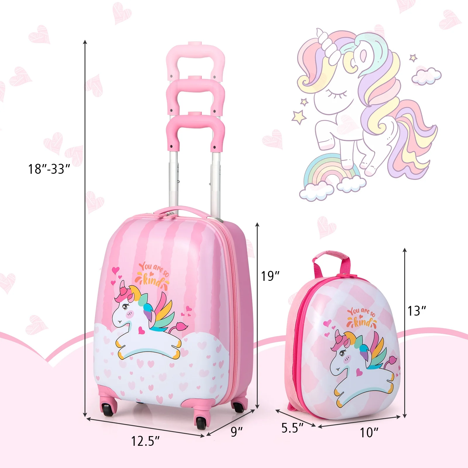 12 Inch, 16 Inch Kids Luggage Set, Backpack, Suitcase, Unicorn, Pink - Image 5