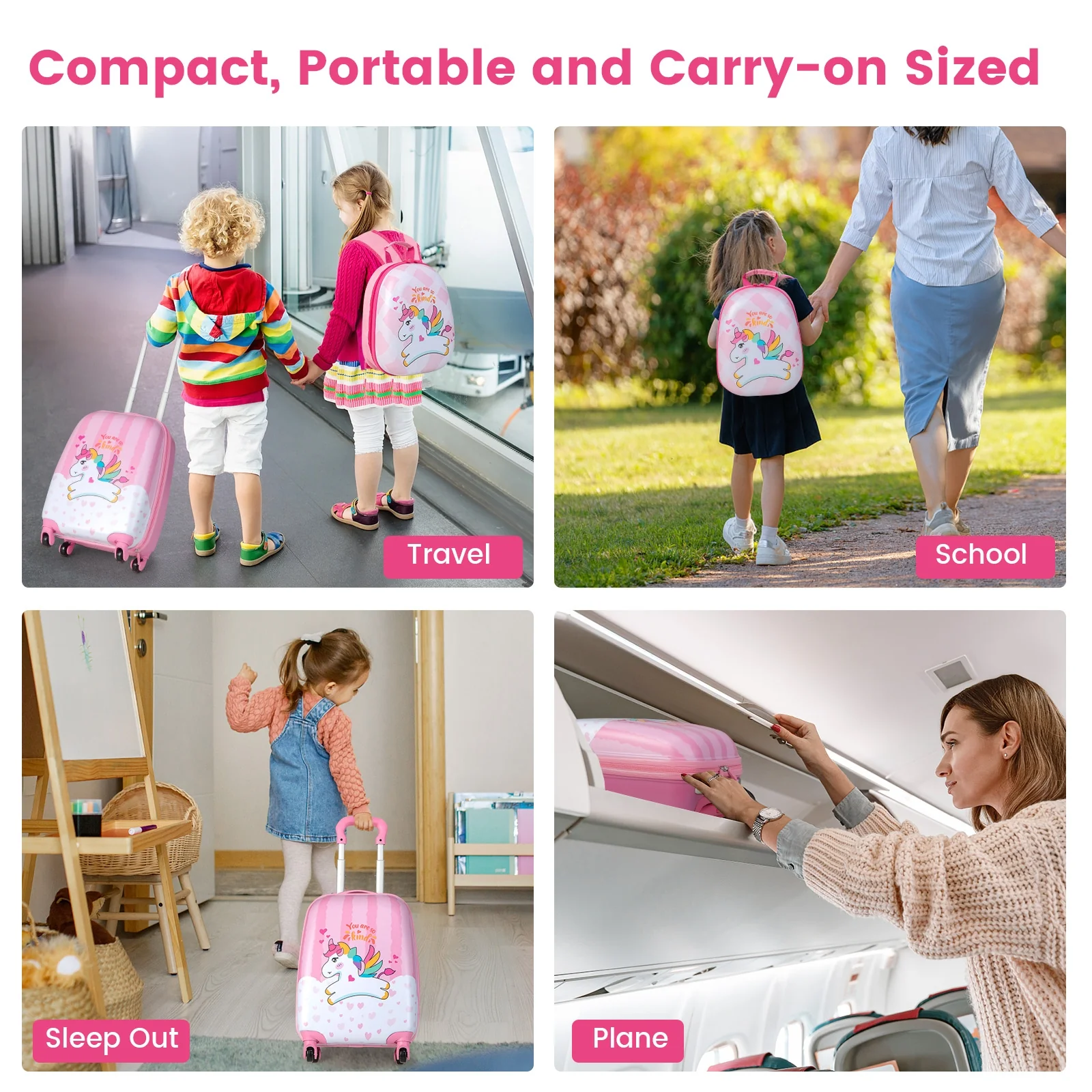 12 Inch, 16 Inch Kids Luggage Set, Backpack, Suitcase, Unicorn, Pink - Image 7