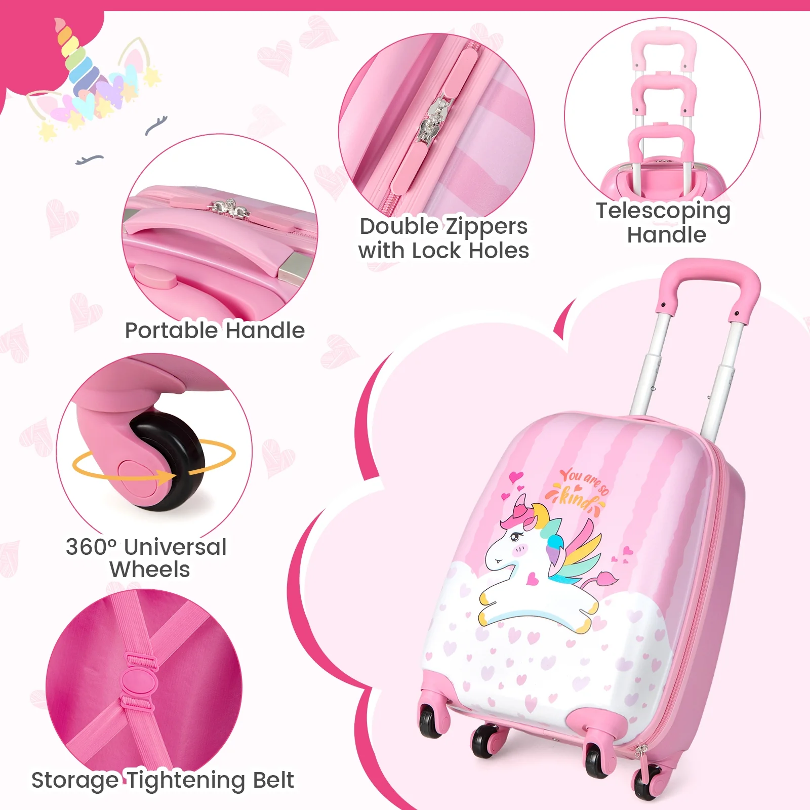 12 Inch, 16 Inch Kids Luggage Set, Backpack, Suitcase, Unicorn, Pink - Image 8