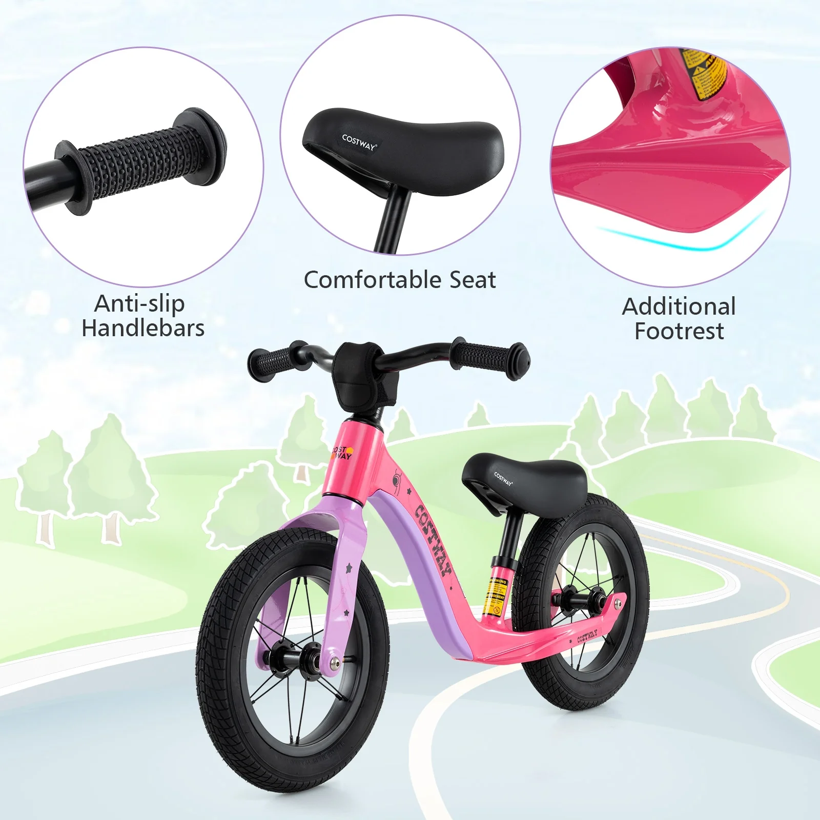 12-Inch Balance Bike, Adjustable Seat, Rotatable Handlebar, Pink - Image 10