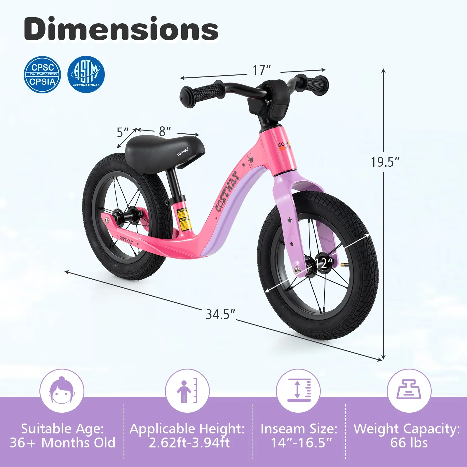12-Inch Balance Bike, Adjustable Seat, Rotatable Handlebar, Pink - Image 5