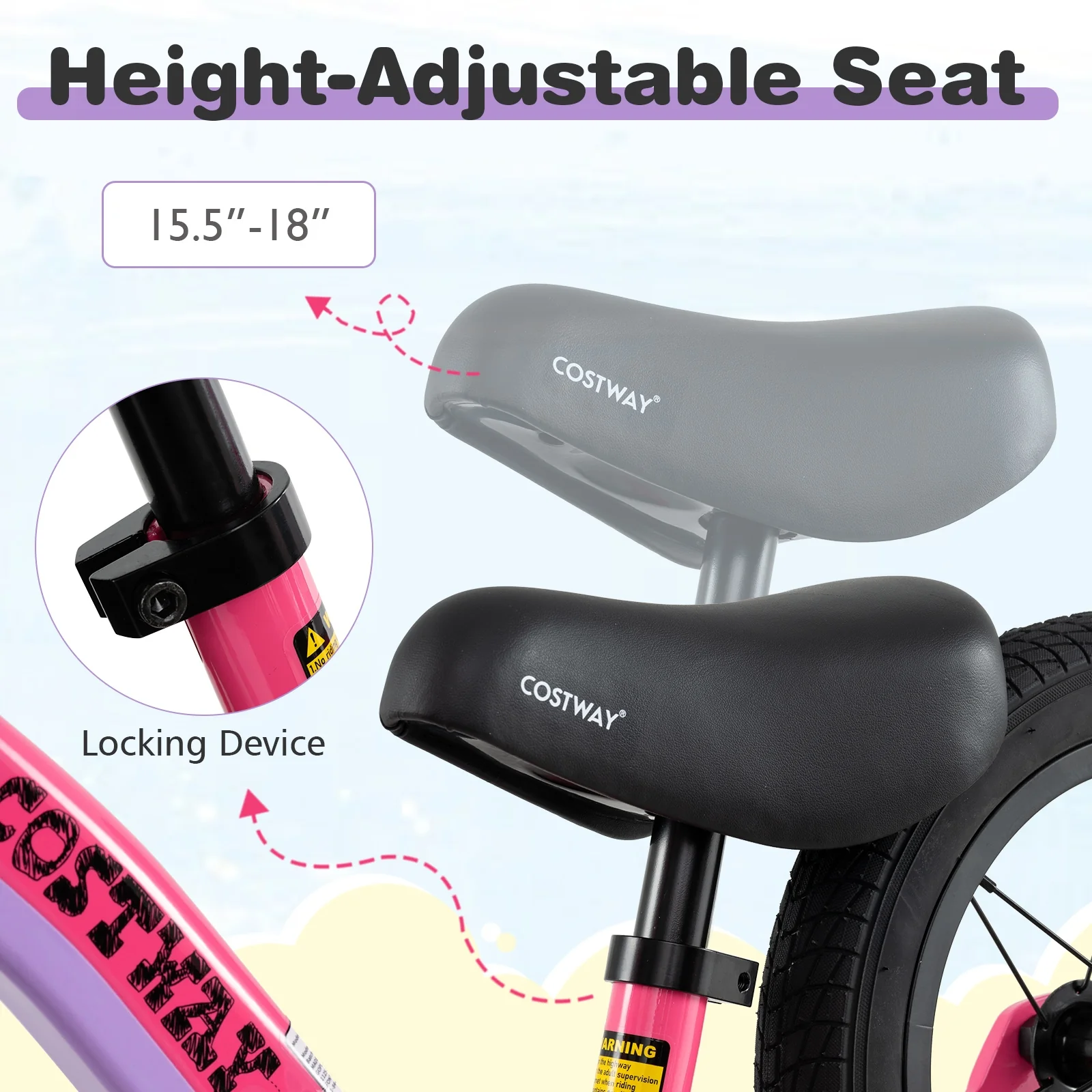 12-Inch Balance Bike, Adjustable Seat, Rotatable Handlebar, Pink - Image 8