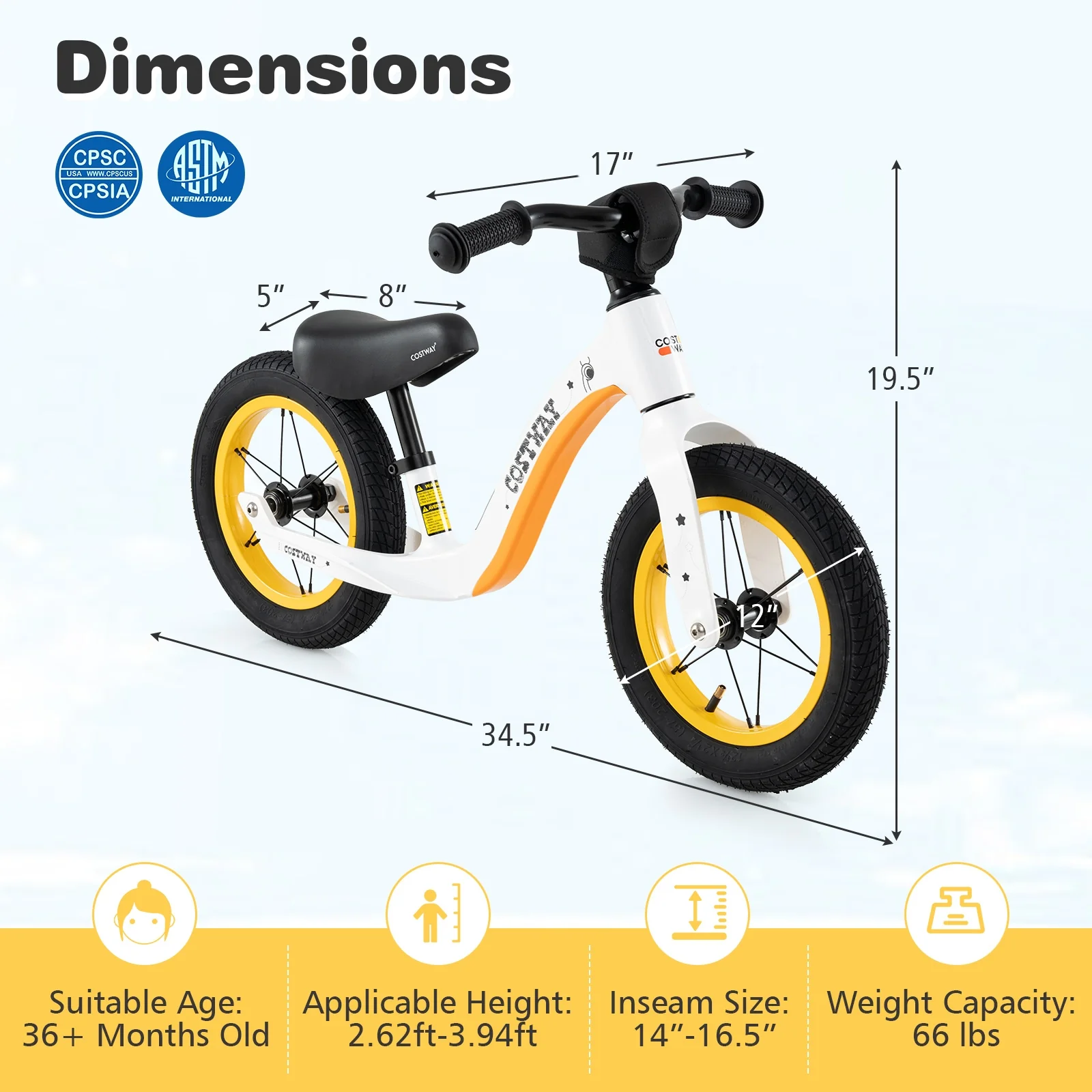 12-Inch Balance Bike, Adjustable Seat, Rotatable Handlebar, White - Image 5