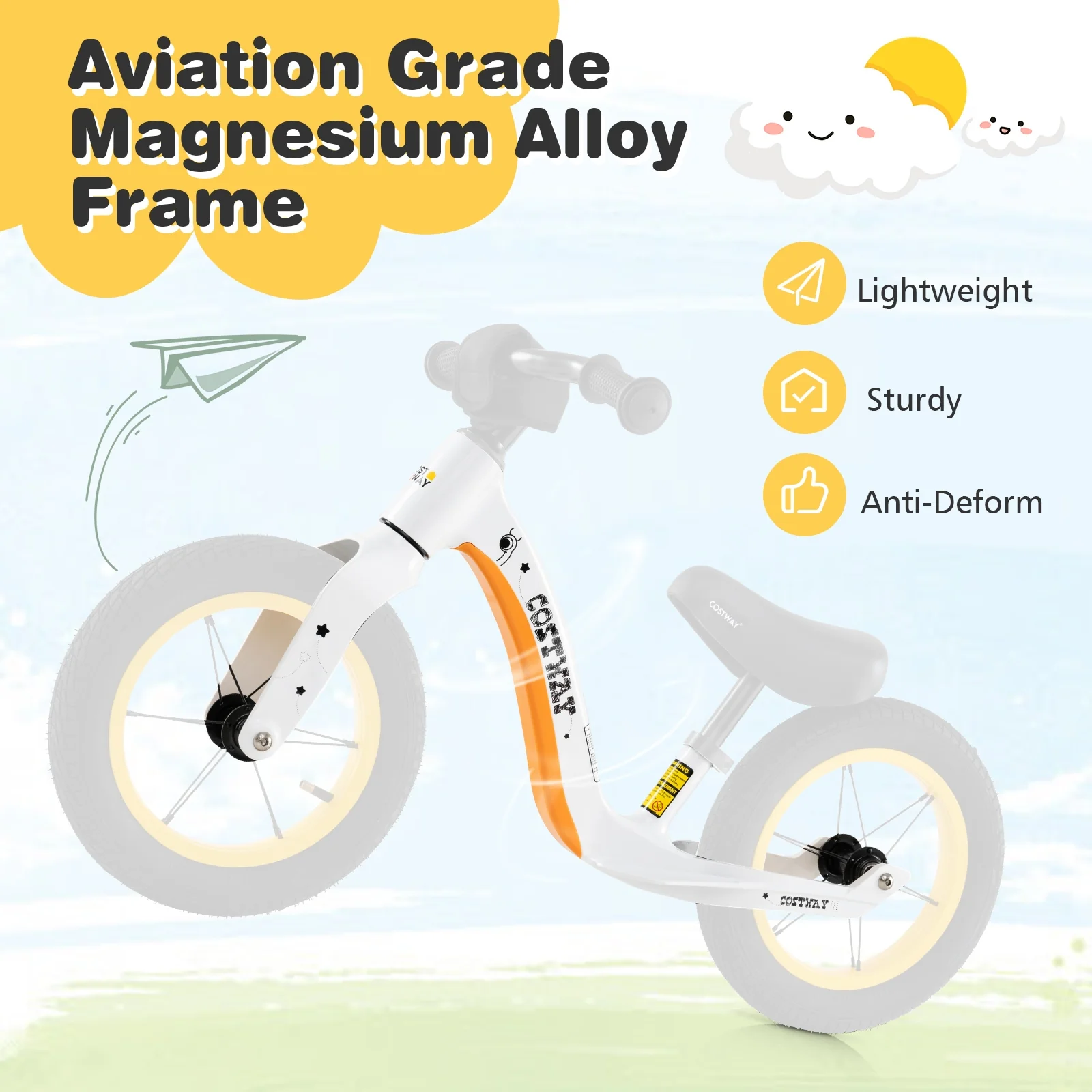 12-Inch Balance Bike, Adjustable Seat, Rotatable Handlebar, White - Image 9