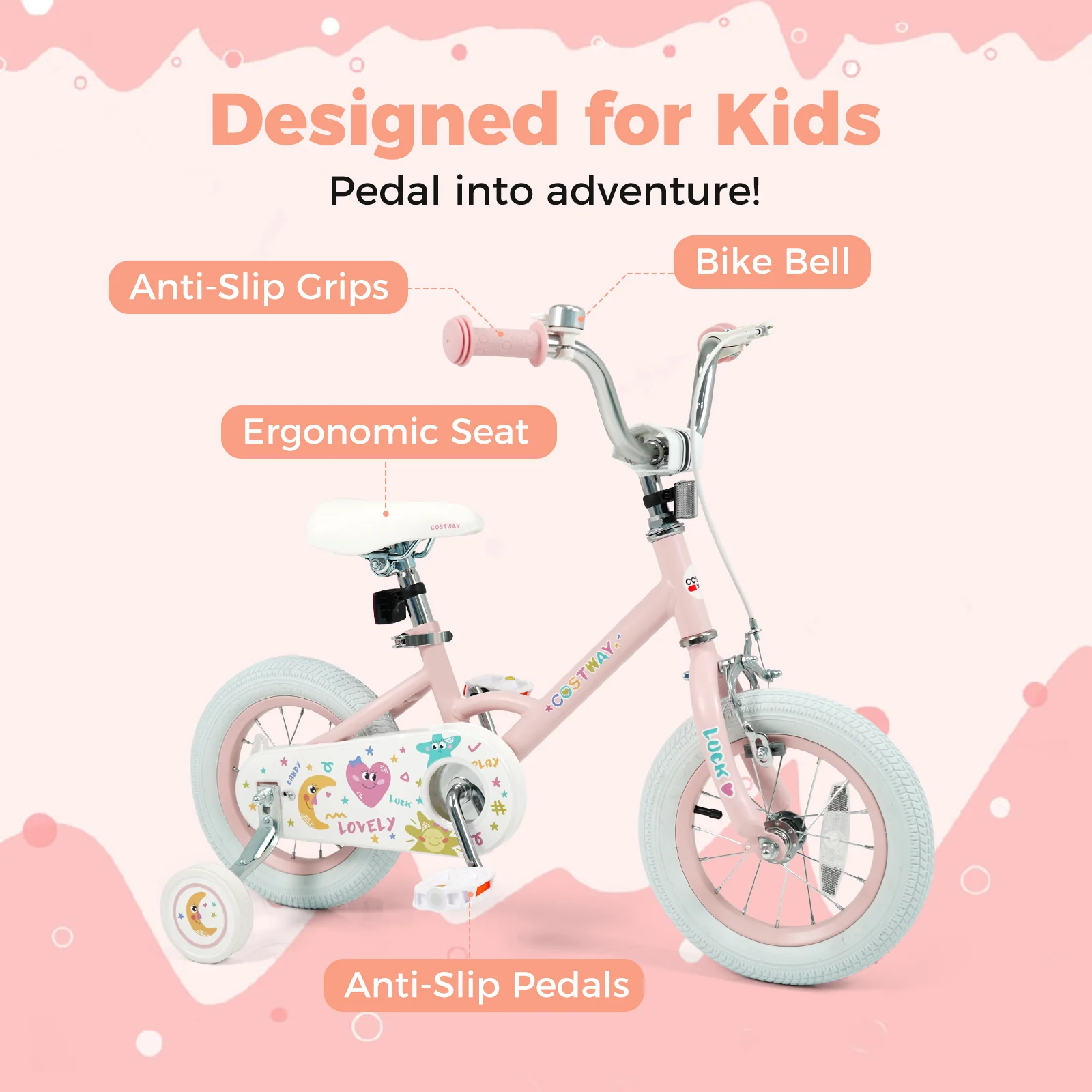 12 Inch Kids Bike Adjustable for 3-8 Years Old Children Pink - Stars & Moon, Pink - Image 6