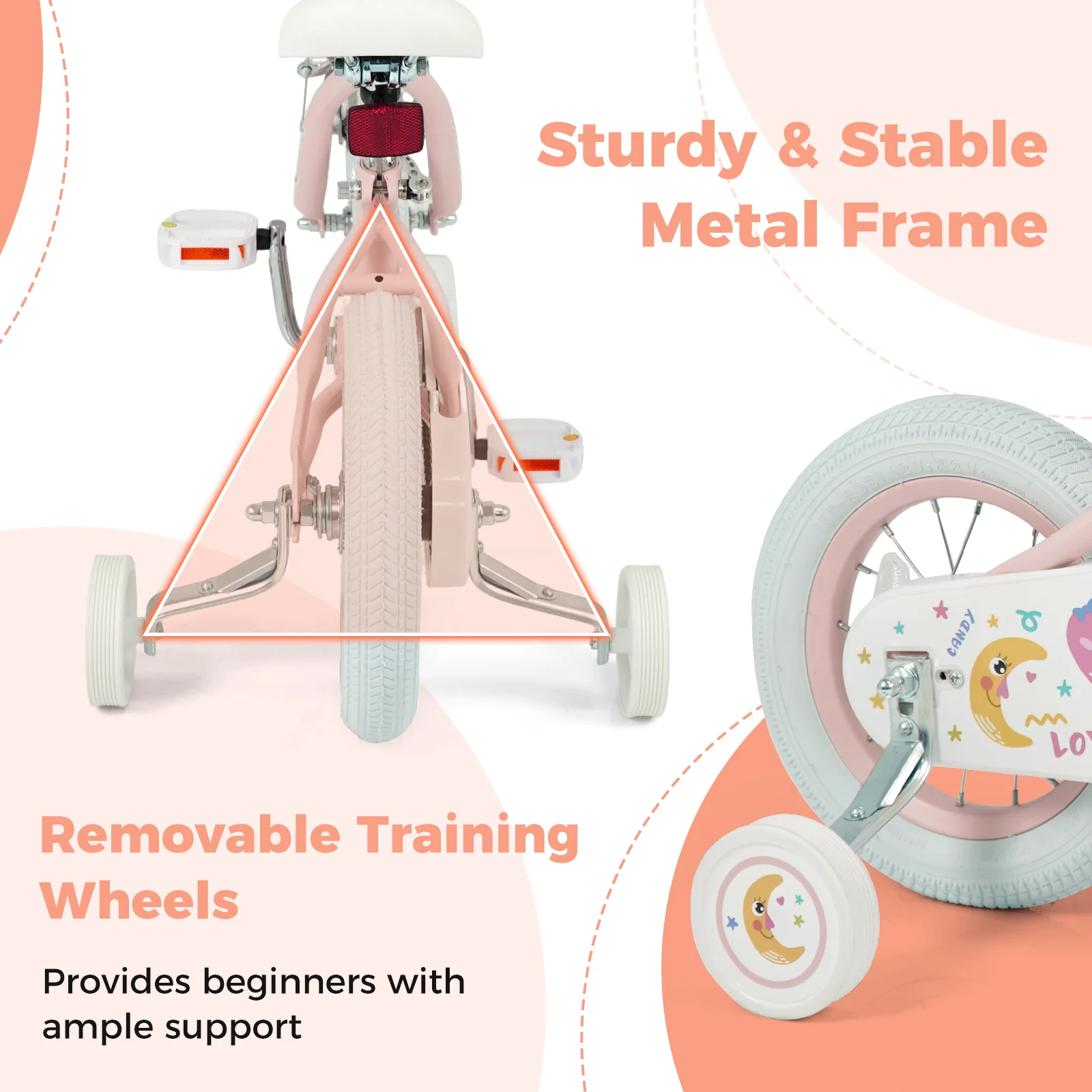 12 Inch Kids Bike Adjustable for 3-8 Years Old Children Pink - Stars & Moon, Pink - Image 9