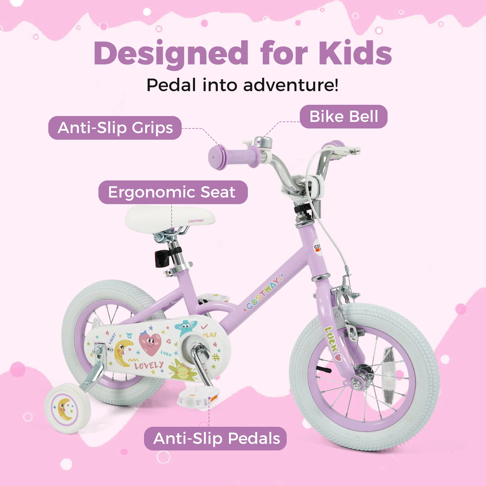 12 Inch Kids Bike Adjustable for 3-8 Years Old Children Purple - Stars & Moon, Purple - Image 6