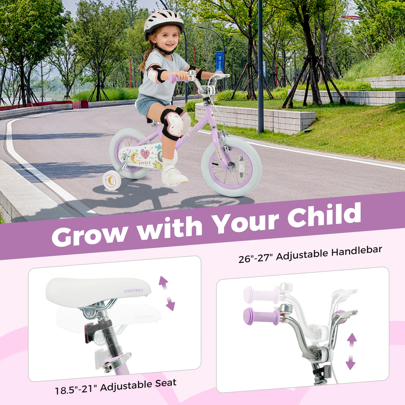 12 Inch Kids Bike Adjustable for 3-8 Years Old Children Purple - Stars & Moon, Purple - Image 8