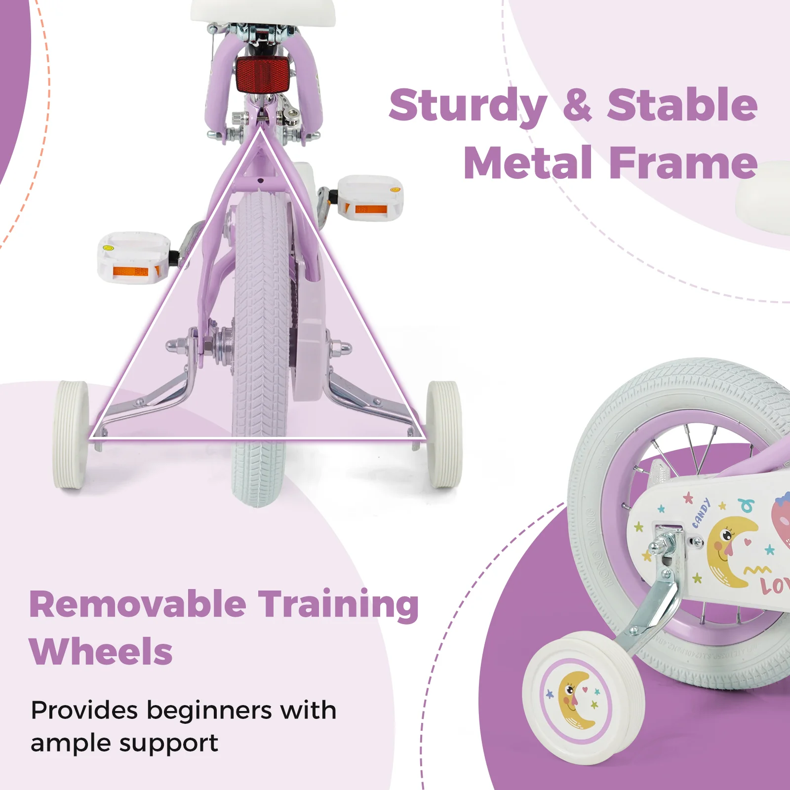 12 Inch Kids Bike Adjustable for 3-8 Years Old Children Purple - Stars & Moon, Purple - Image 9