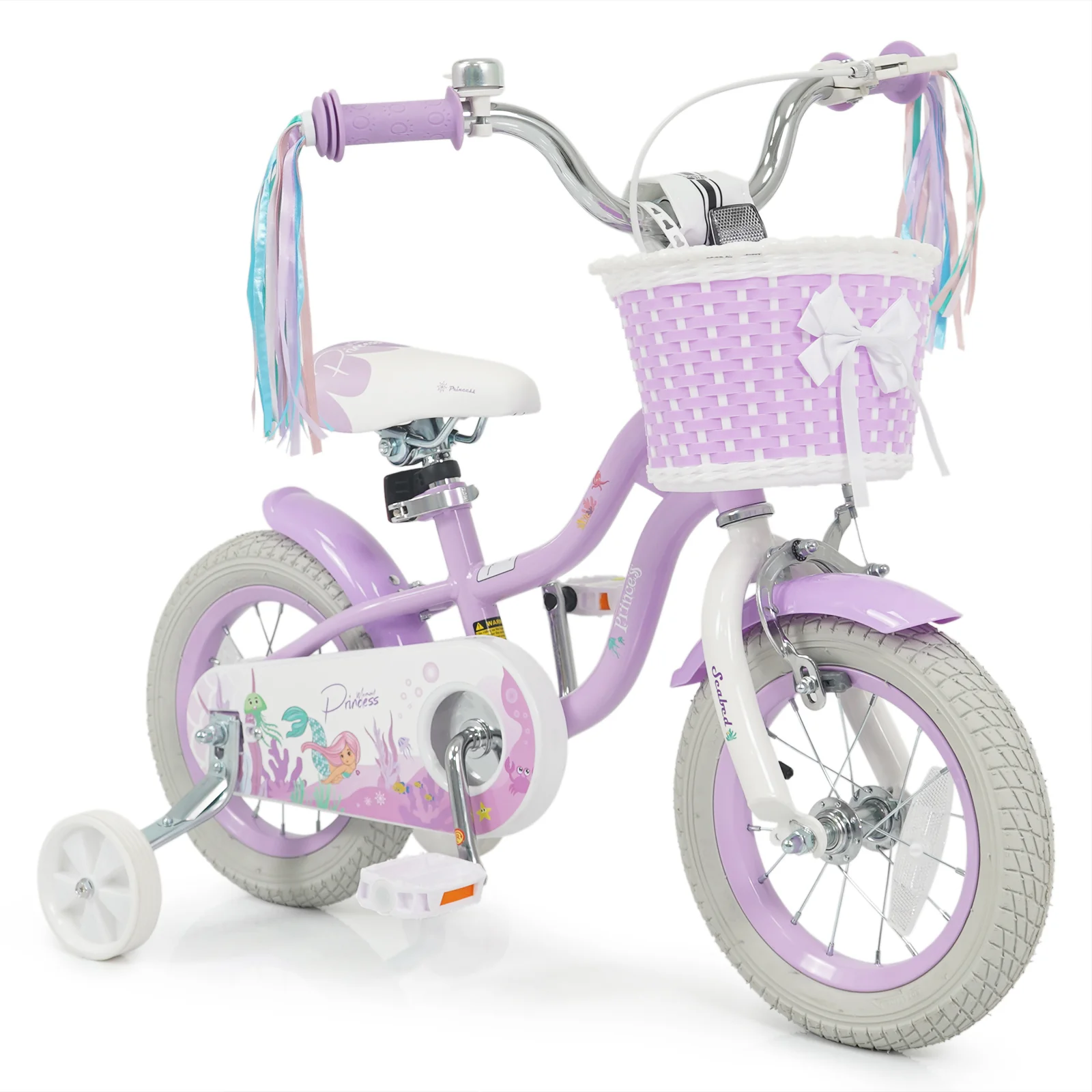 12 Inch Kids Bike, Adjustable, Princess Sea Theme, Purple