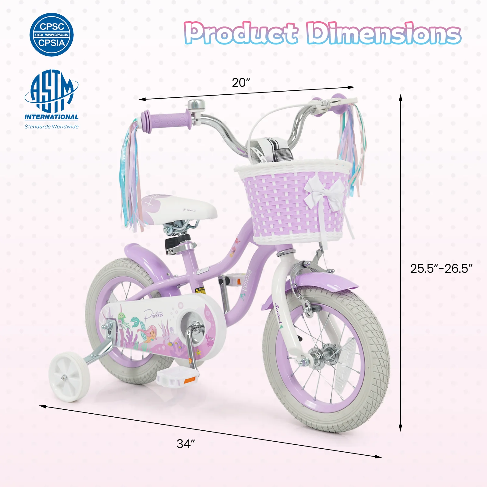 12 Inch Kids Bike, Adjustable, Princess Sea Theme, Purple - Image 3