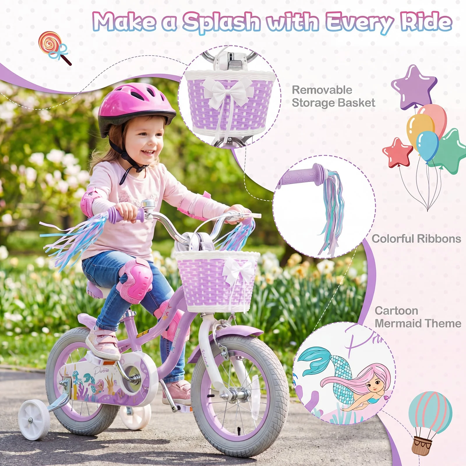 12 Inch Kids Bike, Adjustable, Princess Sea Theme, Purple - Image 5