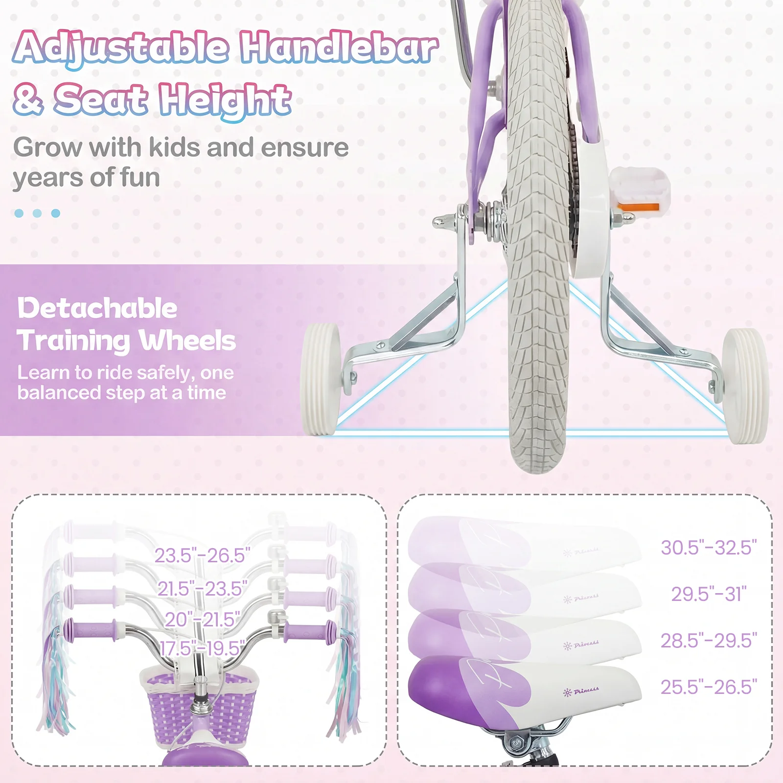 12 Inch Kids Bike, Adjustable, Princess Sea Theme, Purple - Image 6