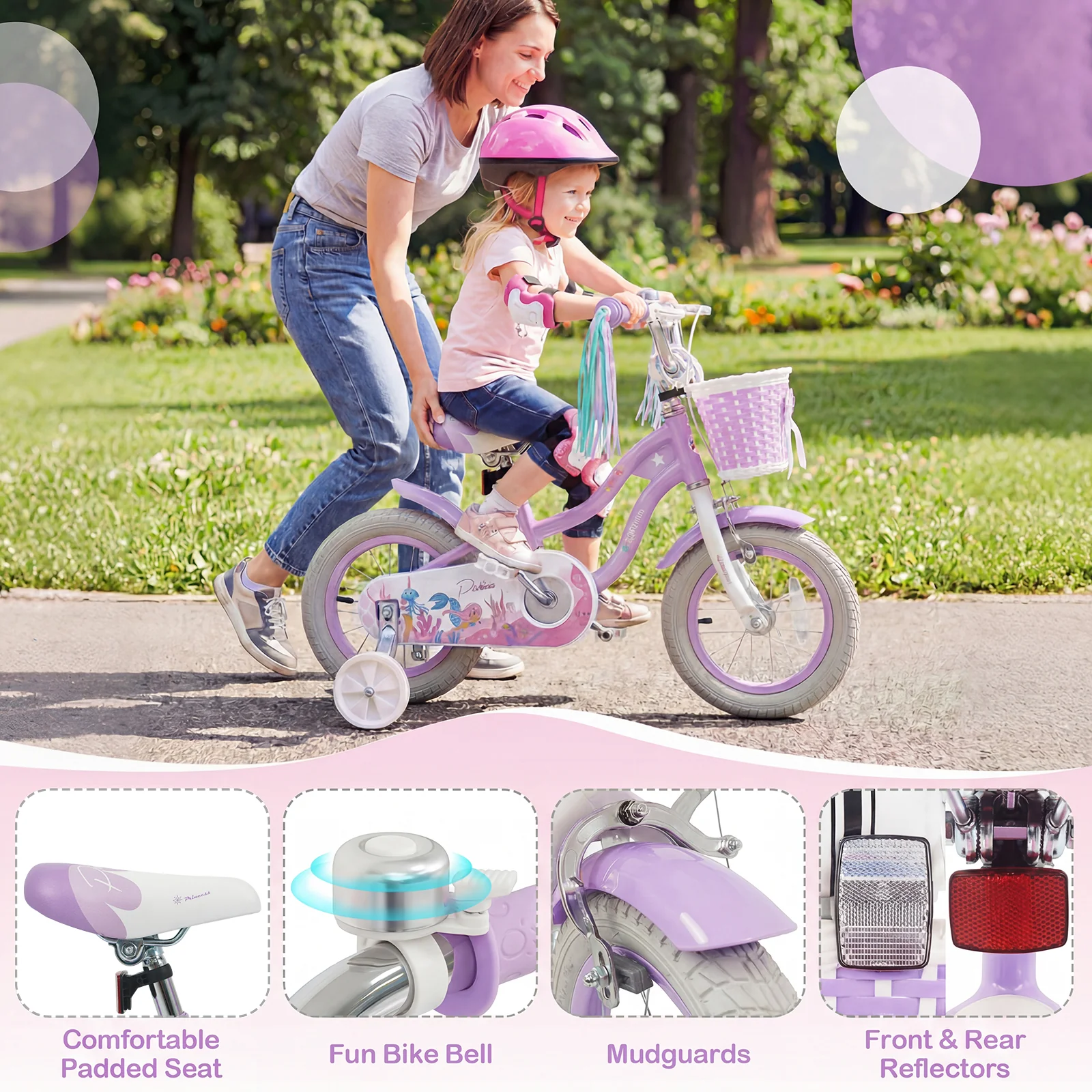 12 Inch Kids Bike, Adjustable, Princess Sea Theme, Purple - Image 9
