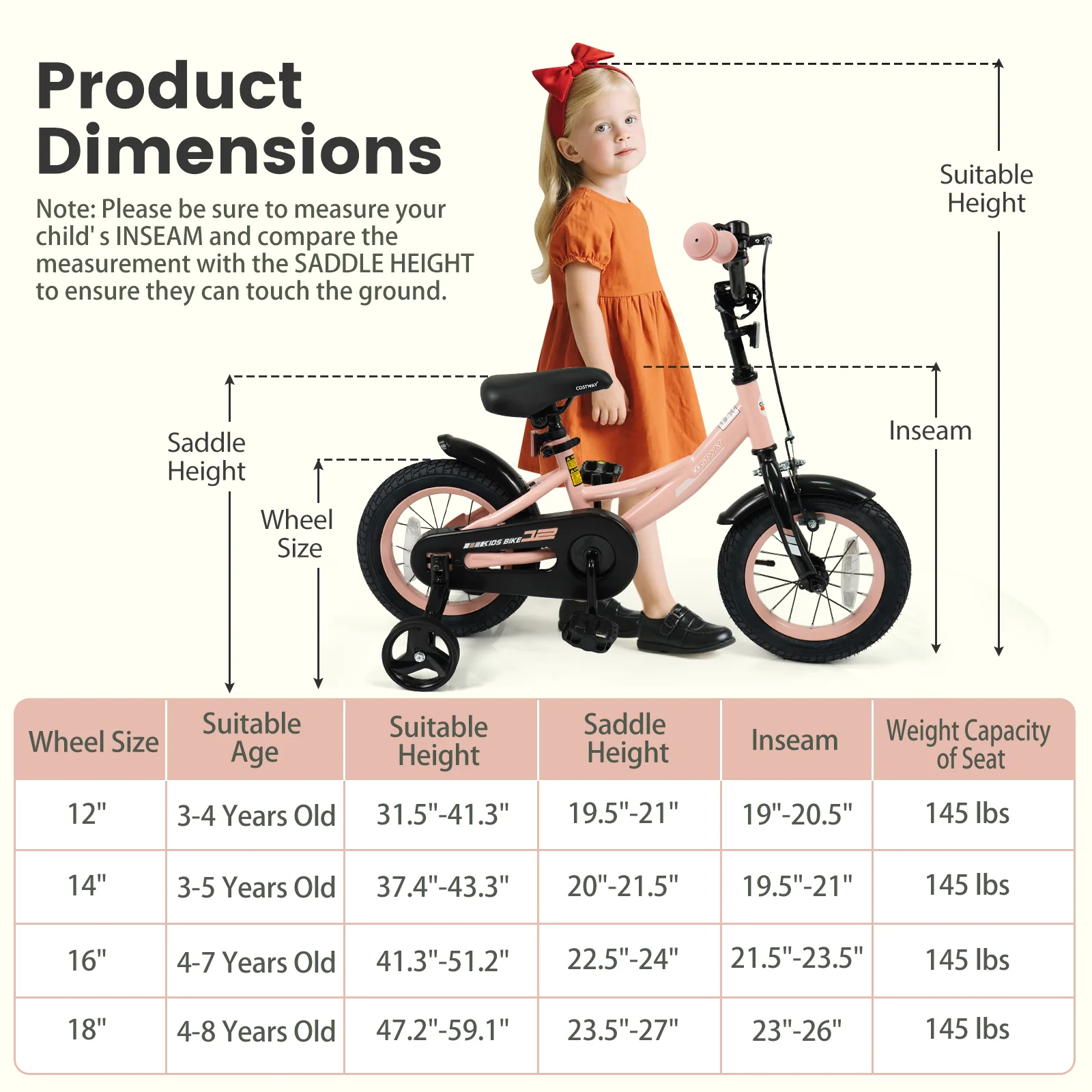 12 Inch Kids Bike, Adjustable, Removable Training Wheels, 3-8 Years, Pink - Image 5