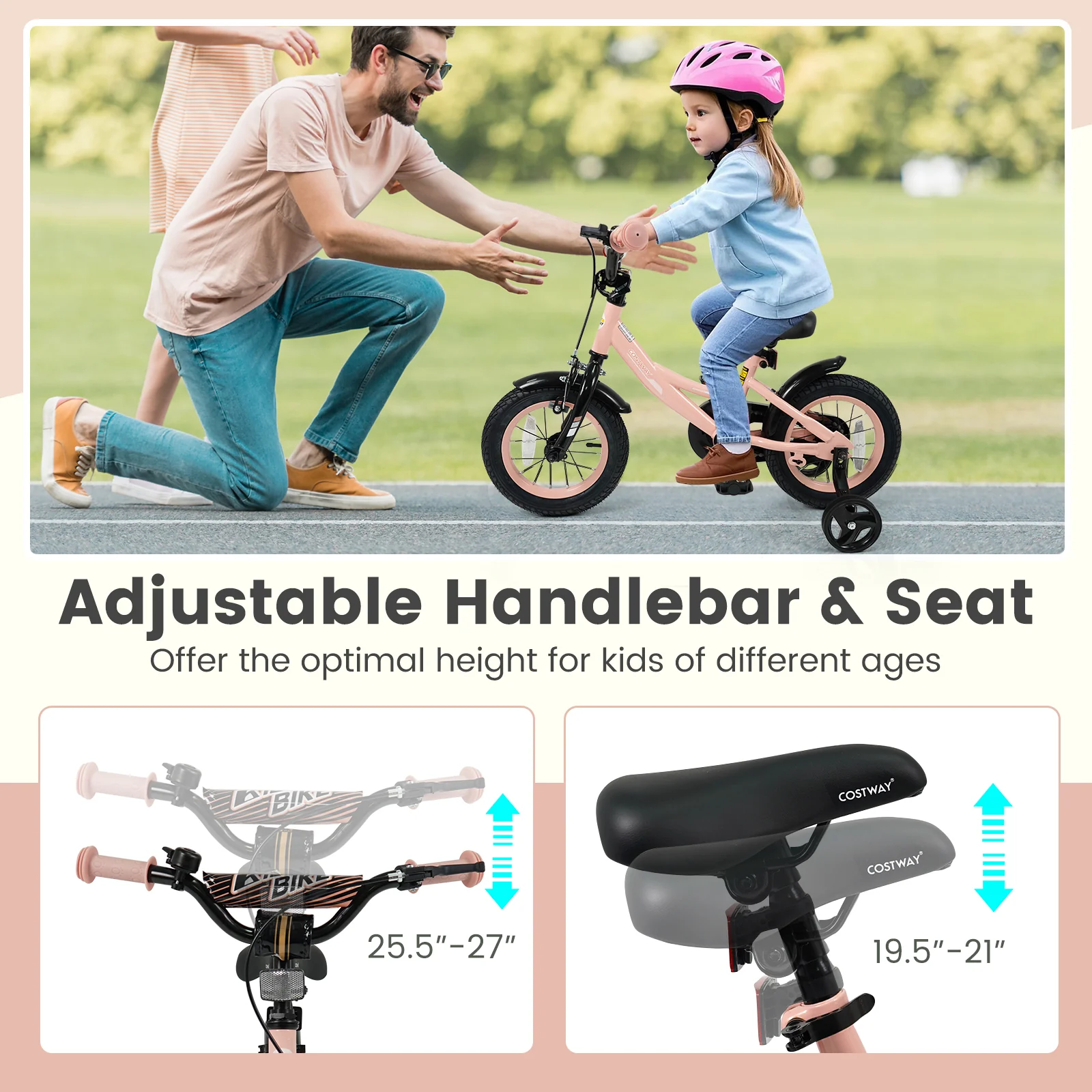 12 Inch Kids Bike, Adjustable, Removable Training Wheels, 3-8 Years, Pink - Image 6