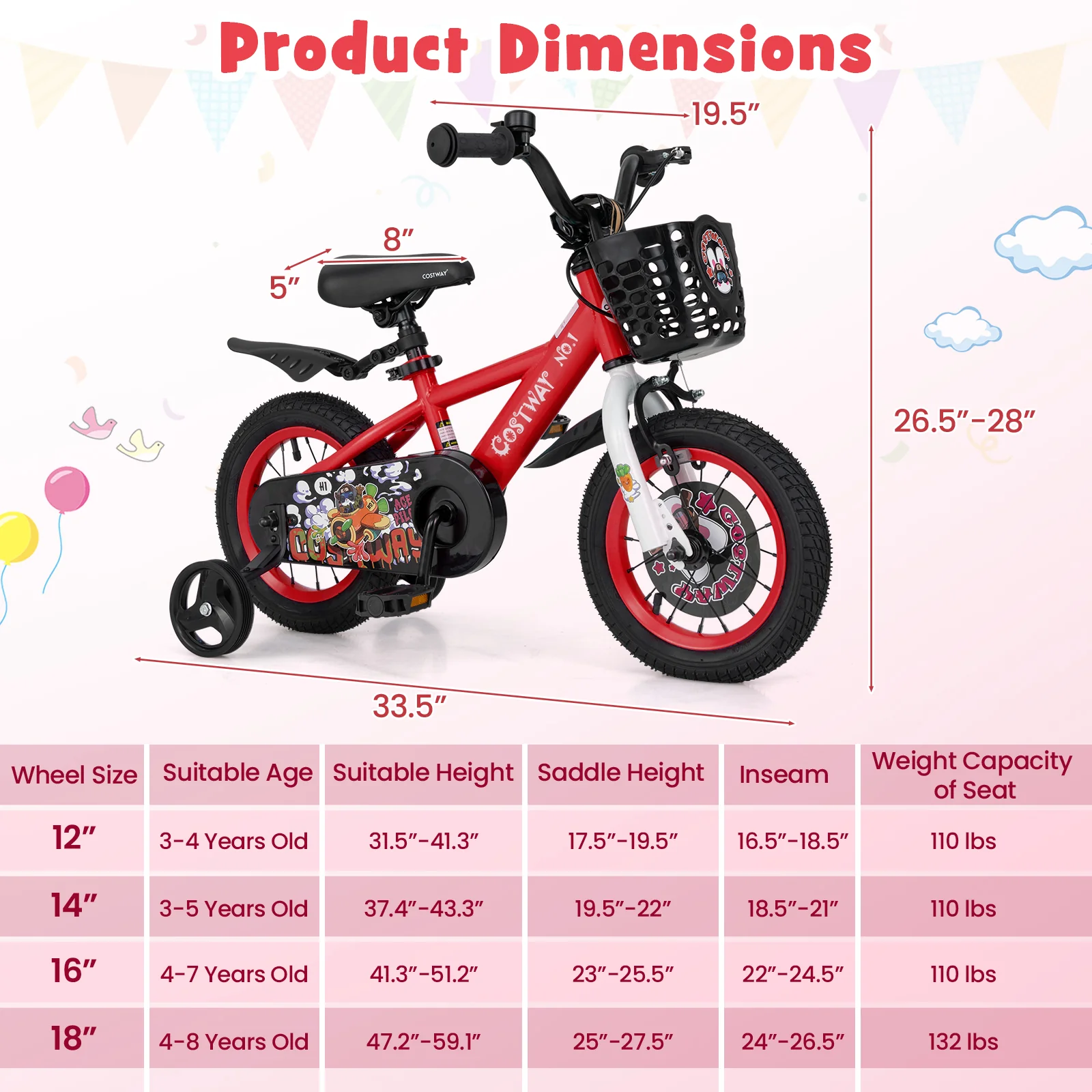 12 Inch Kids Bike, Adjustable, Storage Basket, Double Brake, 3-4 Years Old, Red - Image 5