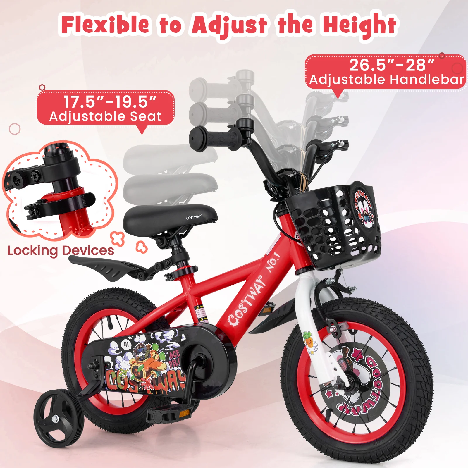 12 Inch Kids Bike, Adjustable, Storage Basket, Double Brake, 3-4 Years Old, Red - Image 7