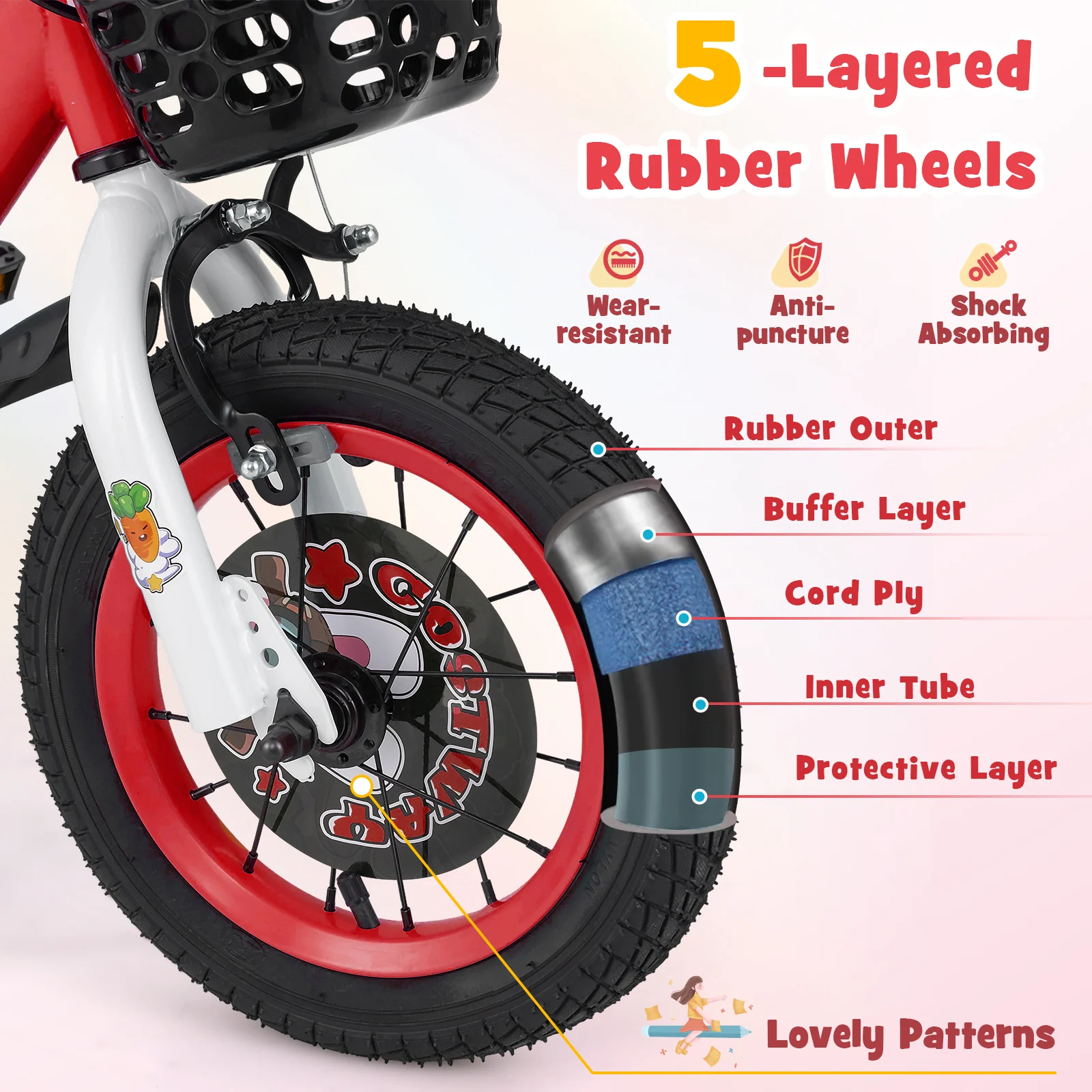 12 Inch Kids Bike, Adjustable, Storage Basket, Double Brake, 3-4 Years Old, Red - Image 8
