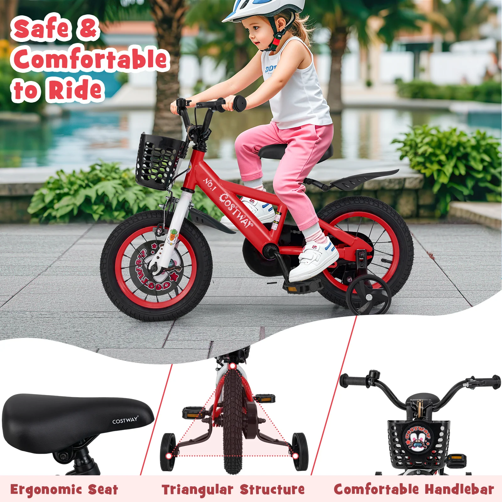 12 Inch Kids Bike, Adjustable, Storage Basket, Double Brake, 3-4 Years Old, Red - Image 9