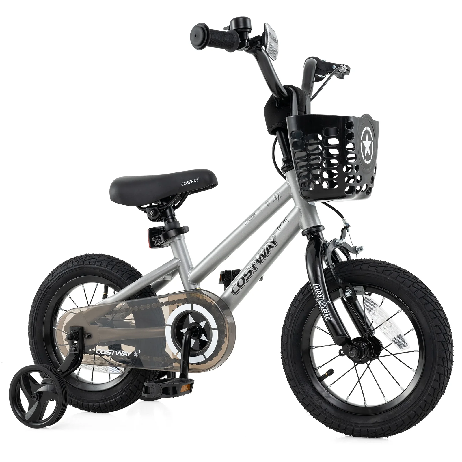 12 Inch Kids Bike, Adjustable, Transparent Chain Cover, 3-4 Years, Silver