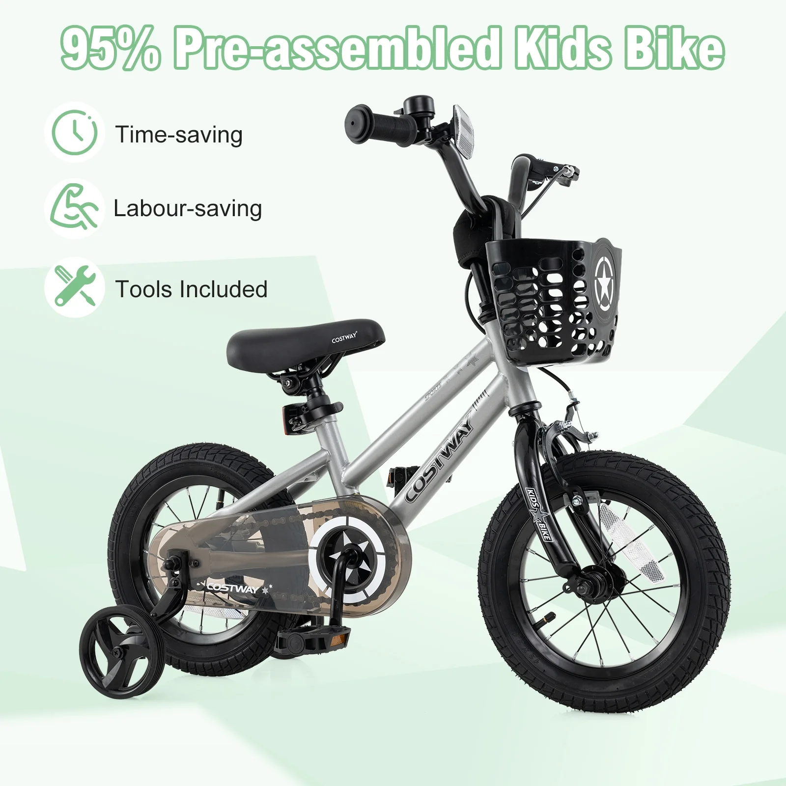12 Inch Kids Bike, Adjustable, Transparent Chain Cover, 3-4 Years, Silver - Image 7