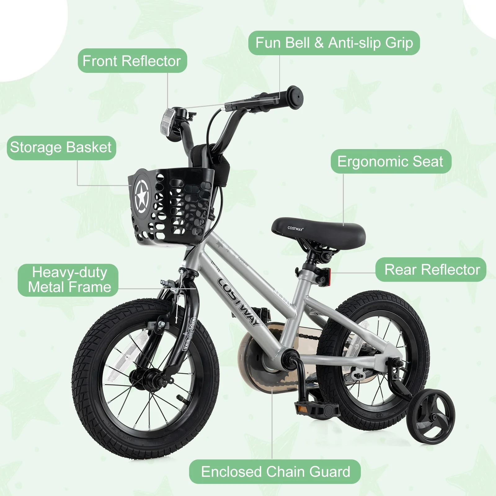 12 Inch Kids Bike, Adjustable, Transparent Chain Cover, 3-4 Years, Silver - Image 9