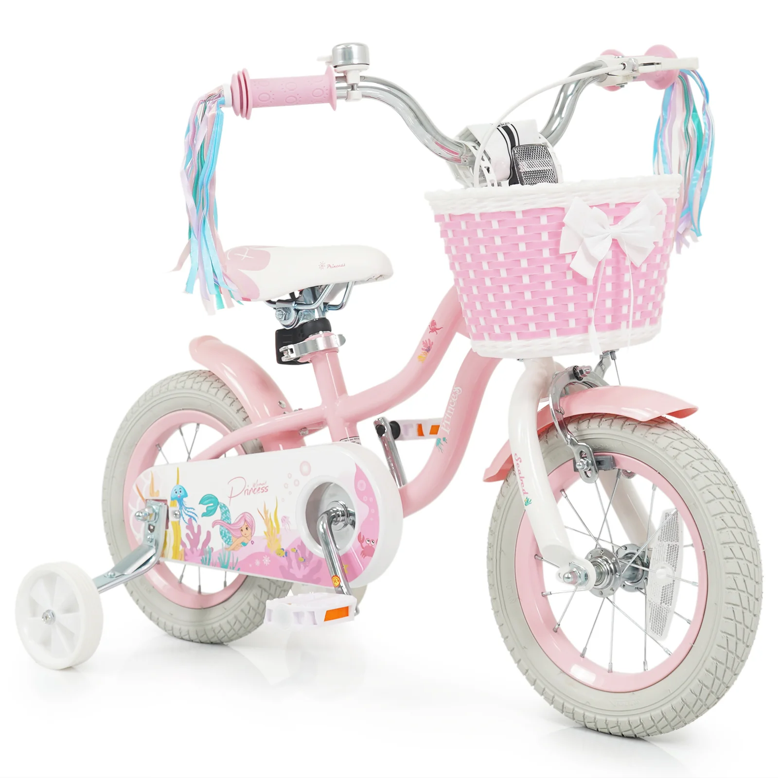 12 Inch Kids Bike Adjustable with Basket and Streamers for Girls Aged 3-4 Years Old Pink, Pink