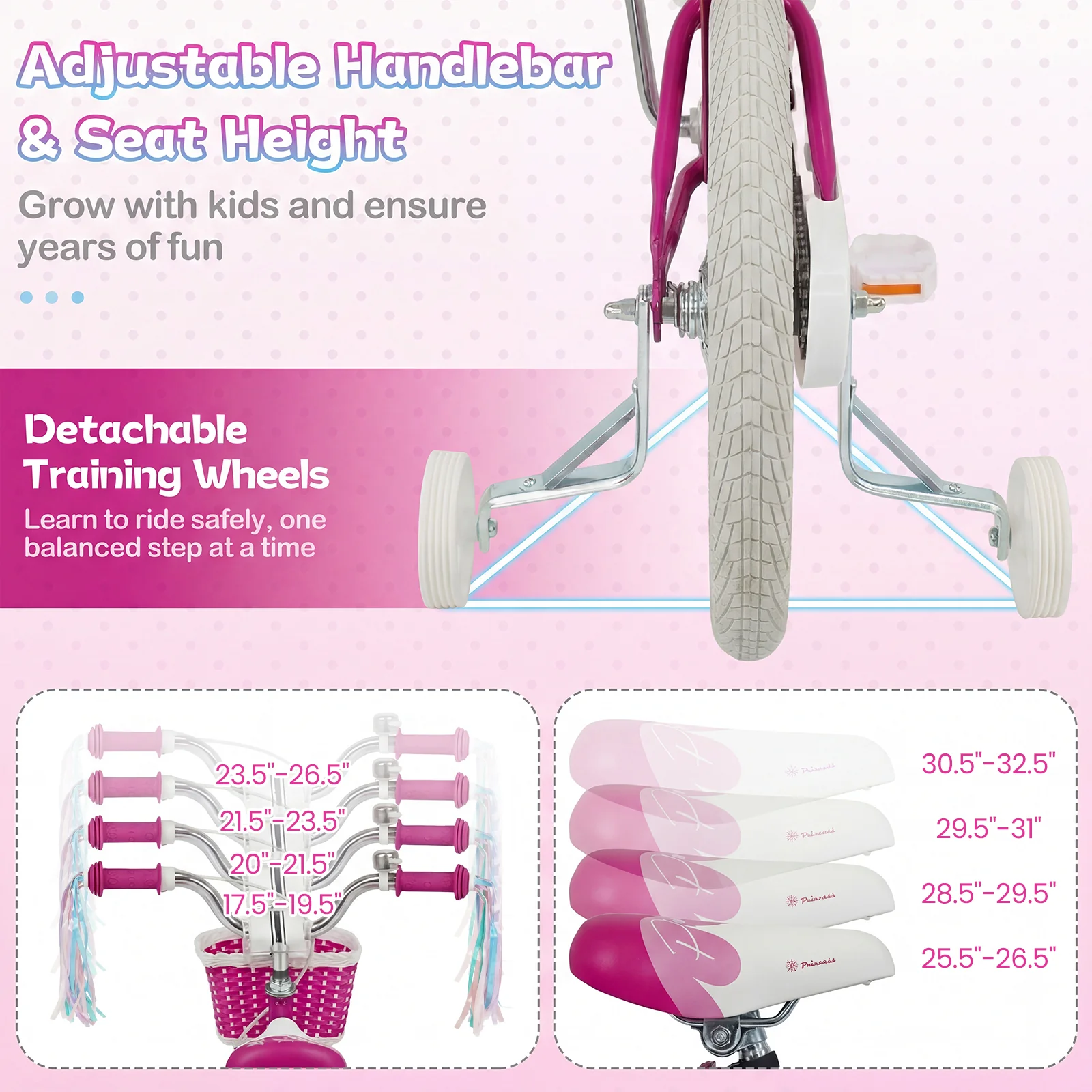 12-Inch Kids Bike, Adjustable, With Basket, Streamers, Rose Red - Image 7