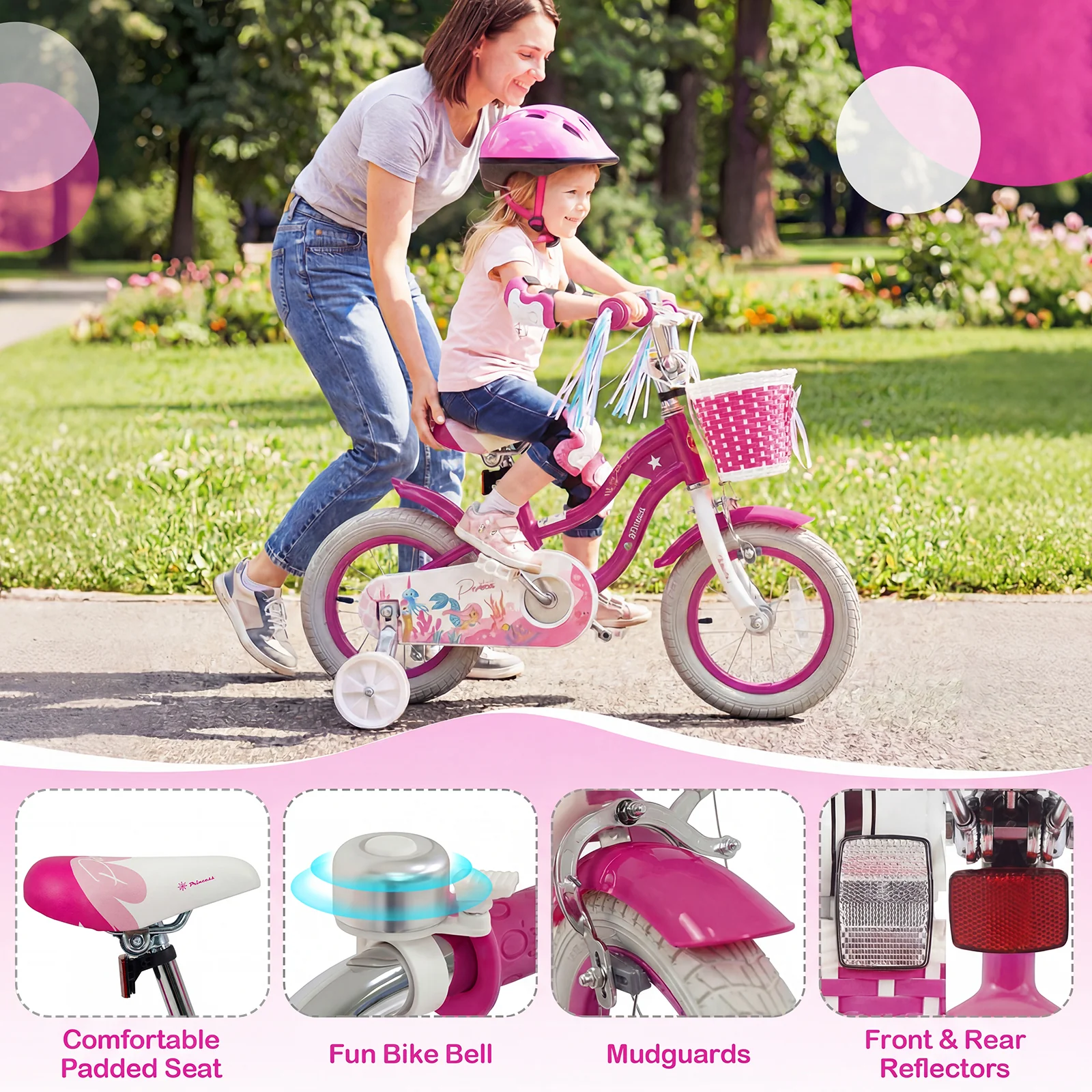 12-Inch Kids Bike, Adjustable, With Basket, Streamers, Rose Red - Image 8