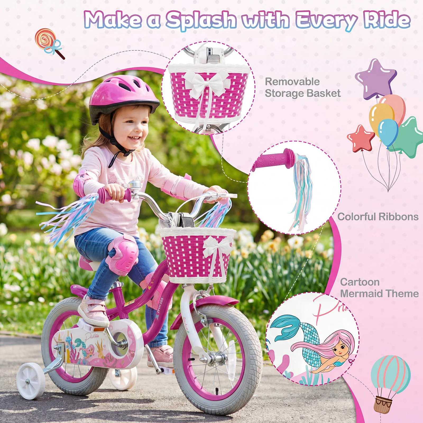 12-Inch Kids Bike, Adjustable, With Basket, Streamers, Rose Red - Image 9