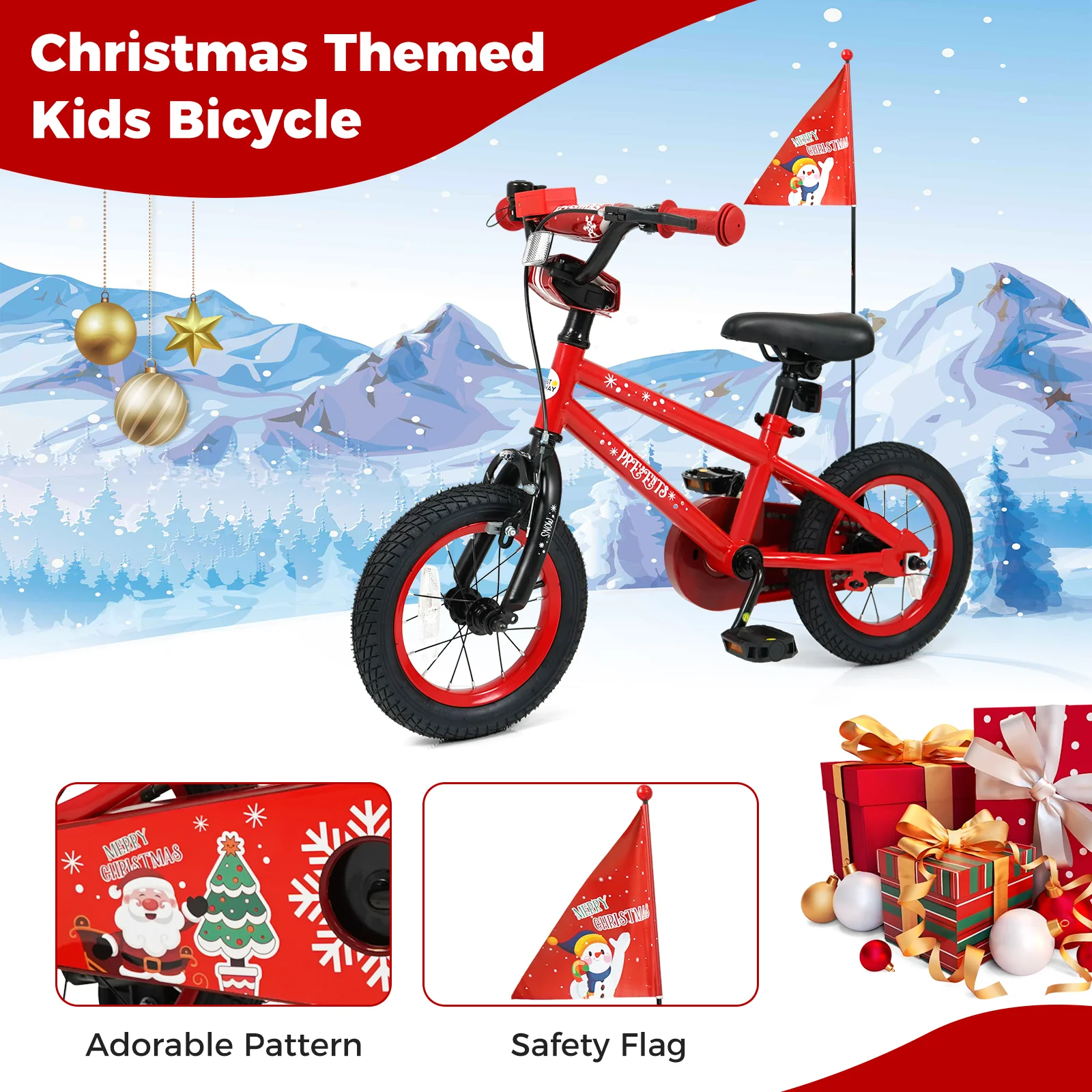 12 Inch Kids Bike Adjustable with Christmas Music & Flag for Aged 3-5 Years Old, Red - Image 10