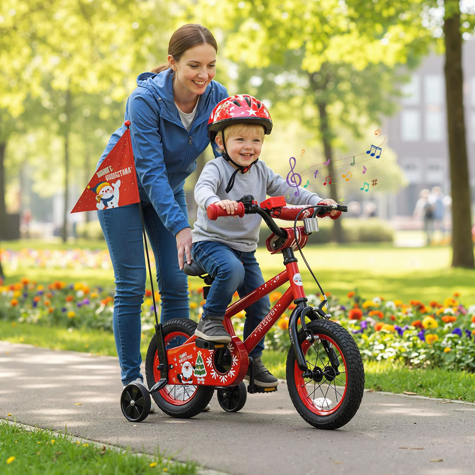 12 Inch Kids Bike Adjustable with Christmas Music & Flag for Aged 3-5 Years Old, Red - Image 2