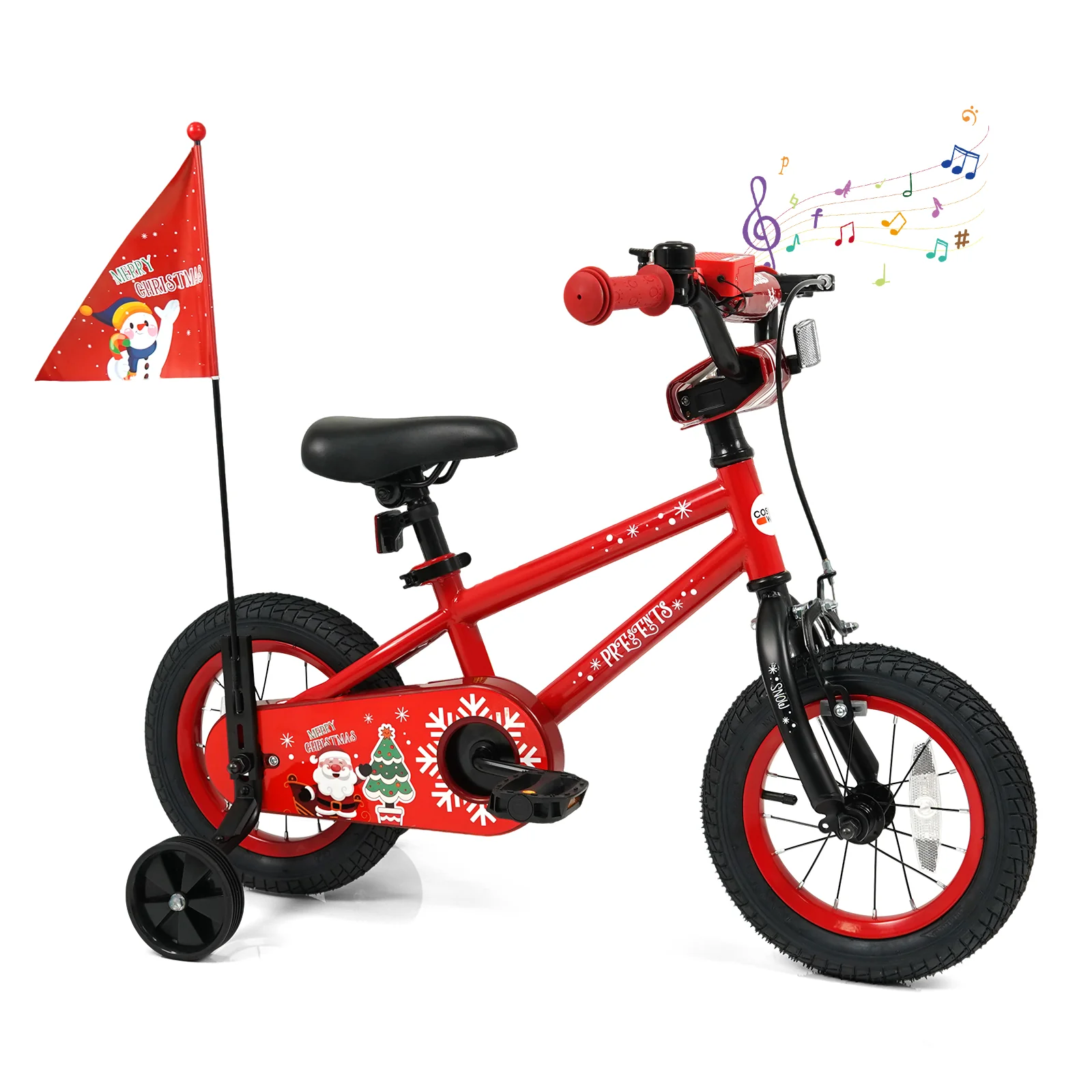 12 Inch Kids Bike Adjustable with Christmas Music & Flag for Aged 3-5 Years Old, Red - Image 3