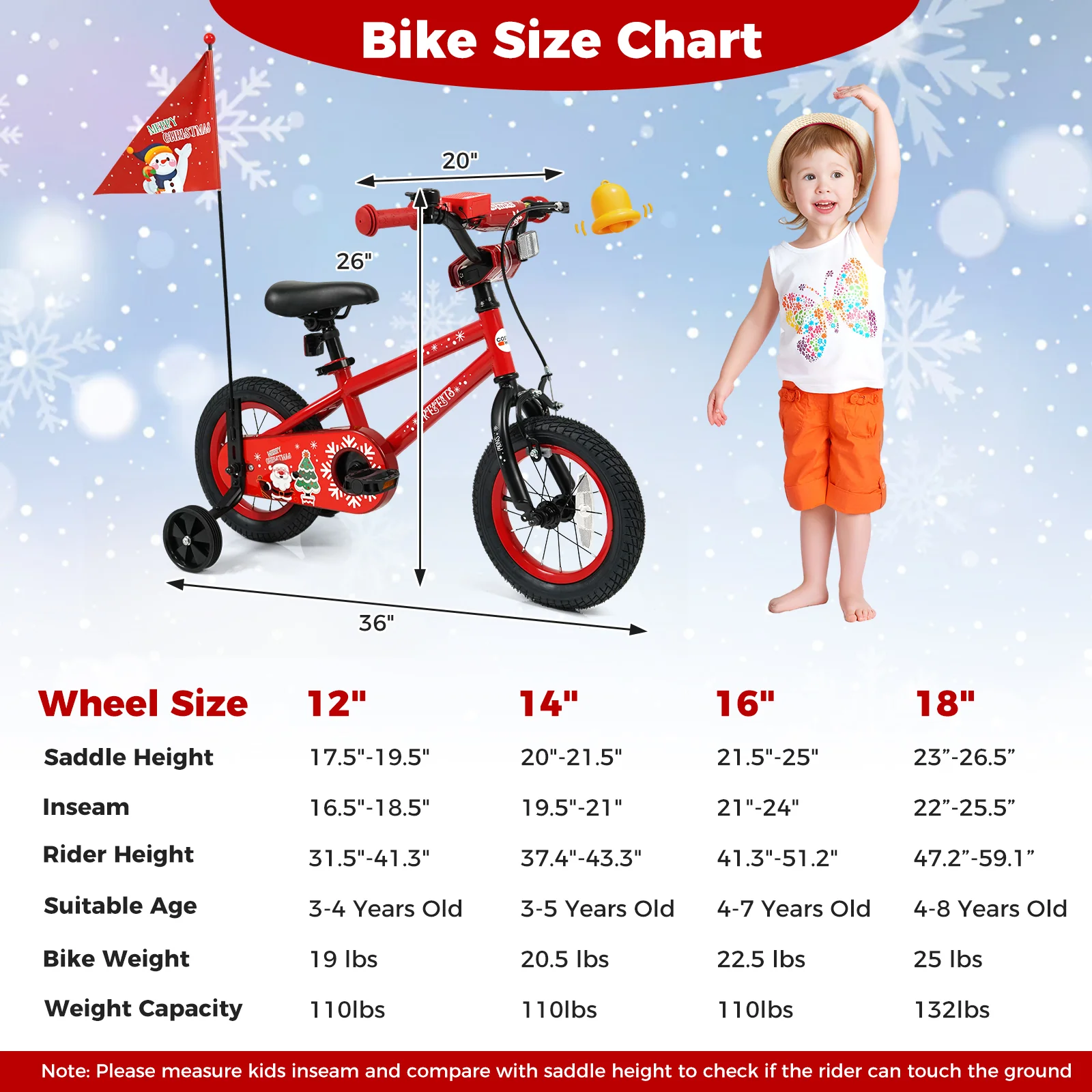 12 Inch Kids Bike Adjustable with Christmas Music & Flag for Aged 3-5 Years Old, Red - Image 4