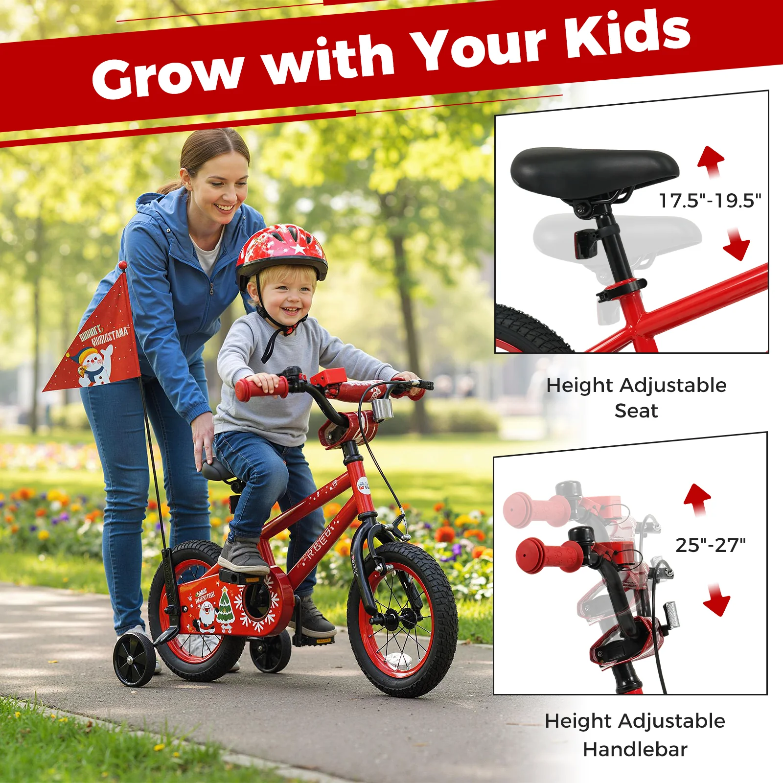 12 Inch Kids Bike Adjustable with Christmas Music & Flag for Aged 3-5 Years Old, Red - Image 5
