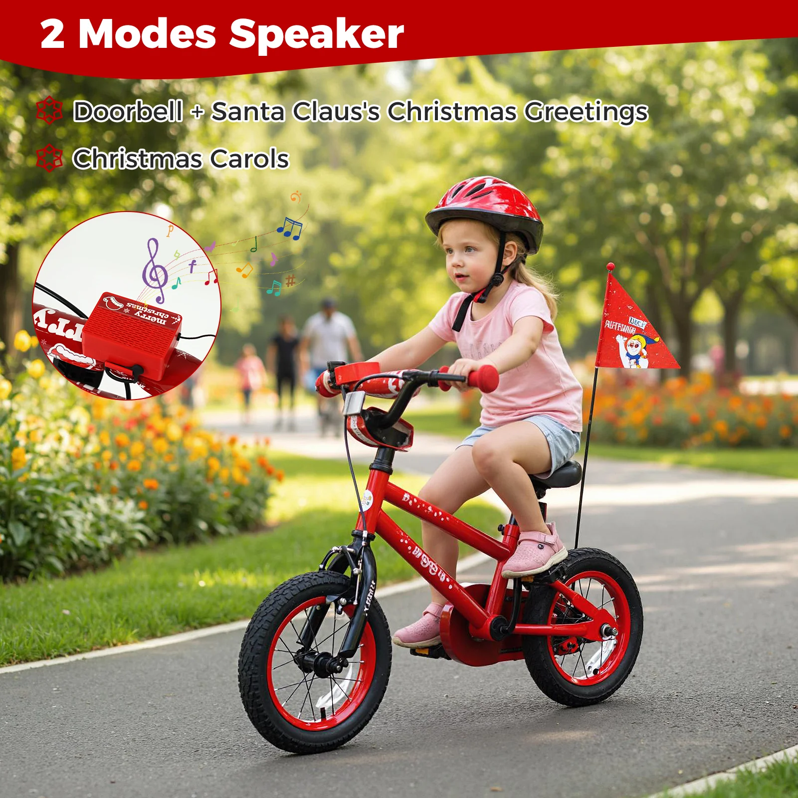 12 Inch Kids Bike Adjustable with Christmas Music & Flag for Aged 3-5 Years Old, Red - Image 8