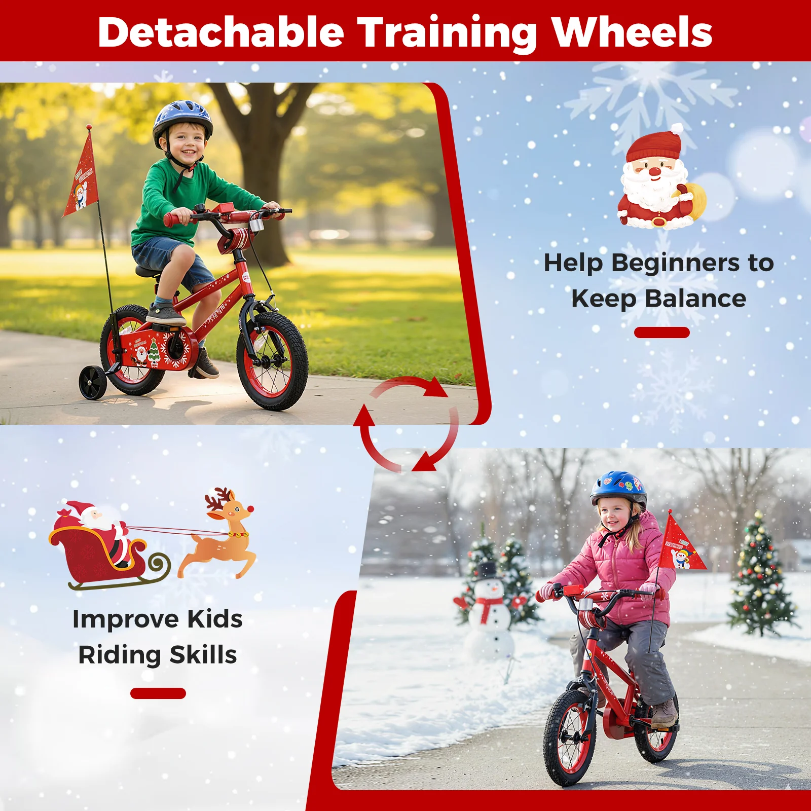 12 Inch Kids Bike Adjustable with Christmas Music & Flag for Aged 3-5 Years Old, Red - Image 9