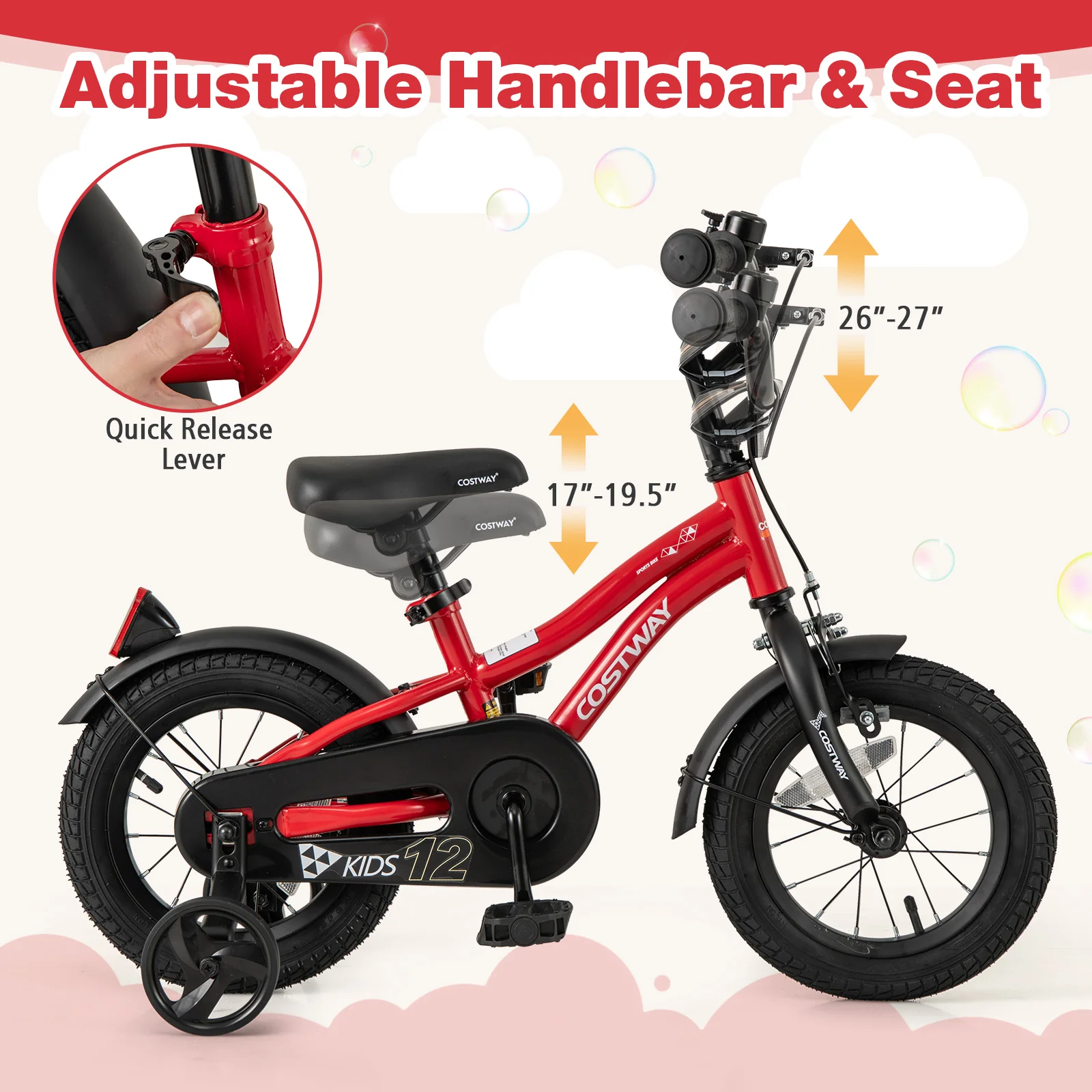 12 Inch Kids Bike, Adjustable, With Reflectors And Bell, For 3-4 Years Old, Red - Image 7