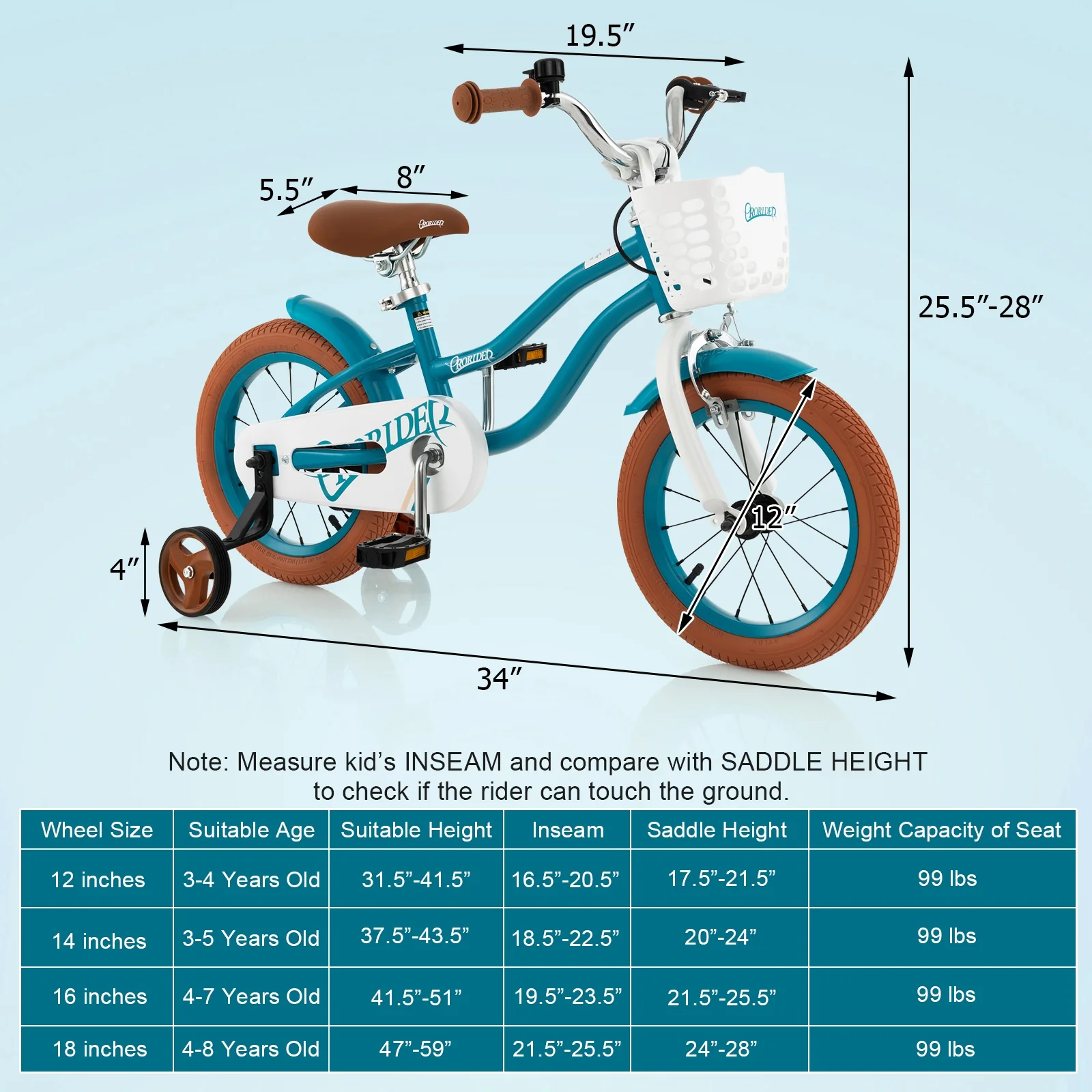 12 Inch Kids Bike, Adjustable With Removable Basket, Turquoise - Image 5