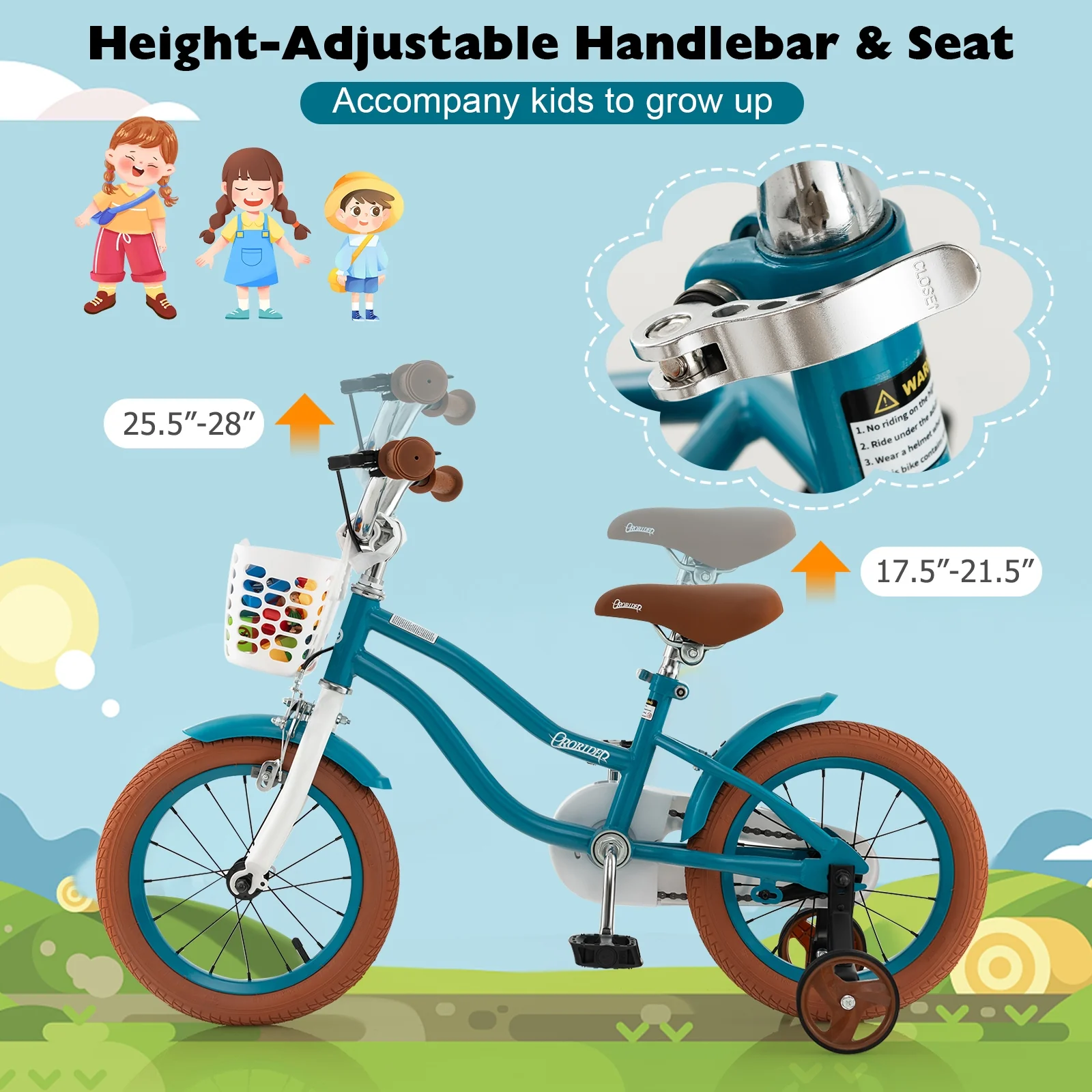 12 Inch Kids Bike, Adjustable With Removable Basket, Turquoise - Image 6