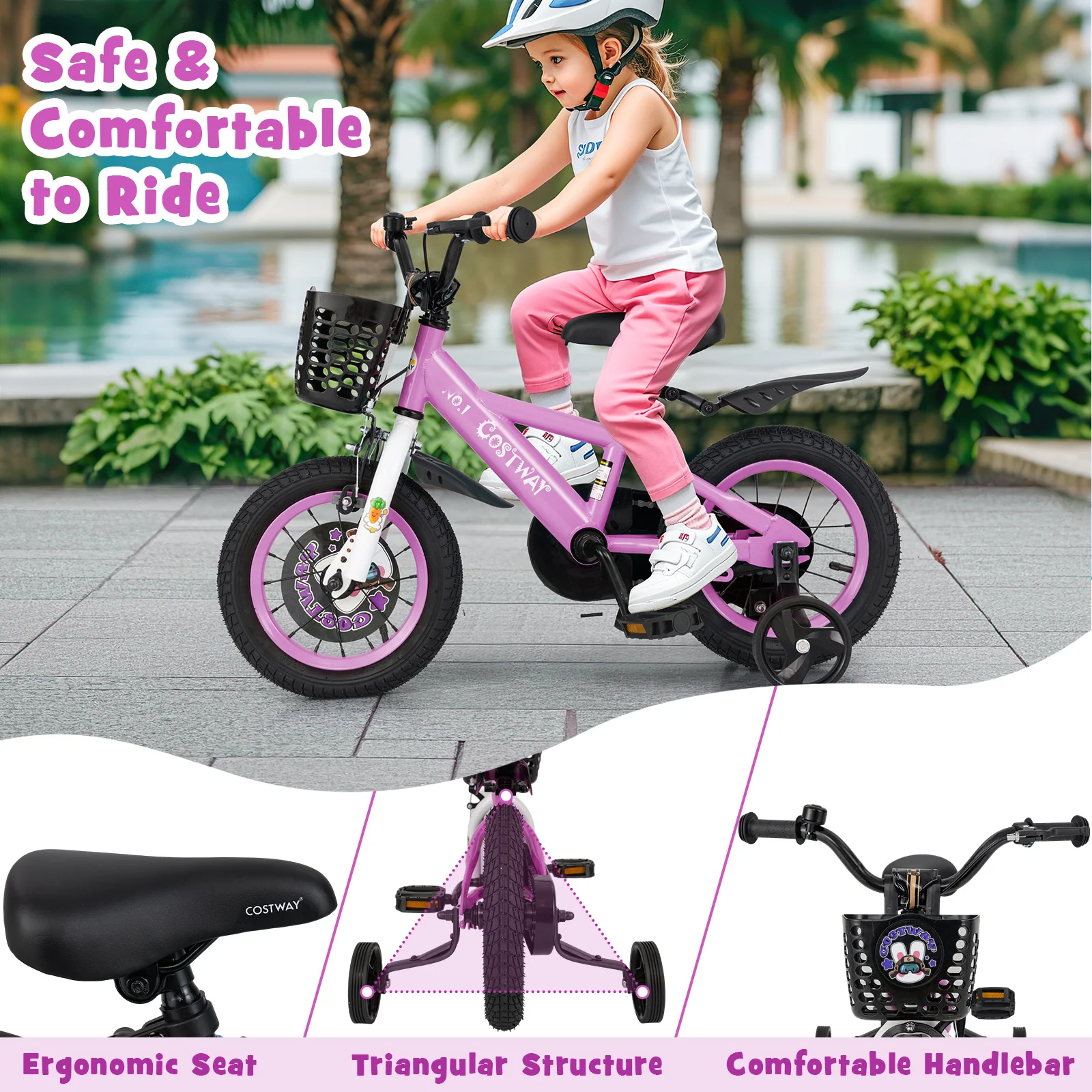 12 Inch Kids Bike For 3-4 Years Old, Adjustable Handlebar And Saddle, Purple - Image 10