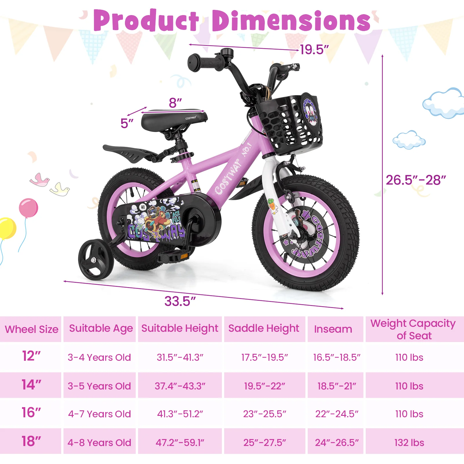 12 Inch Kids Bike For 3-4 Years Old, Adjustable Handlebar And Saddle, Purple - Image 5