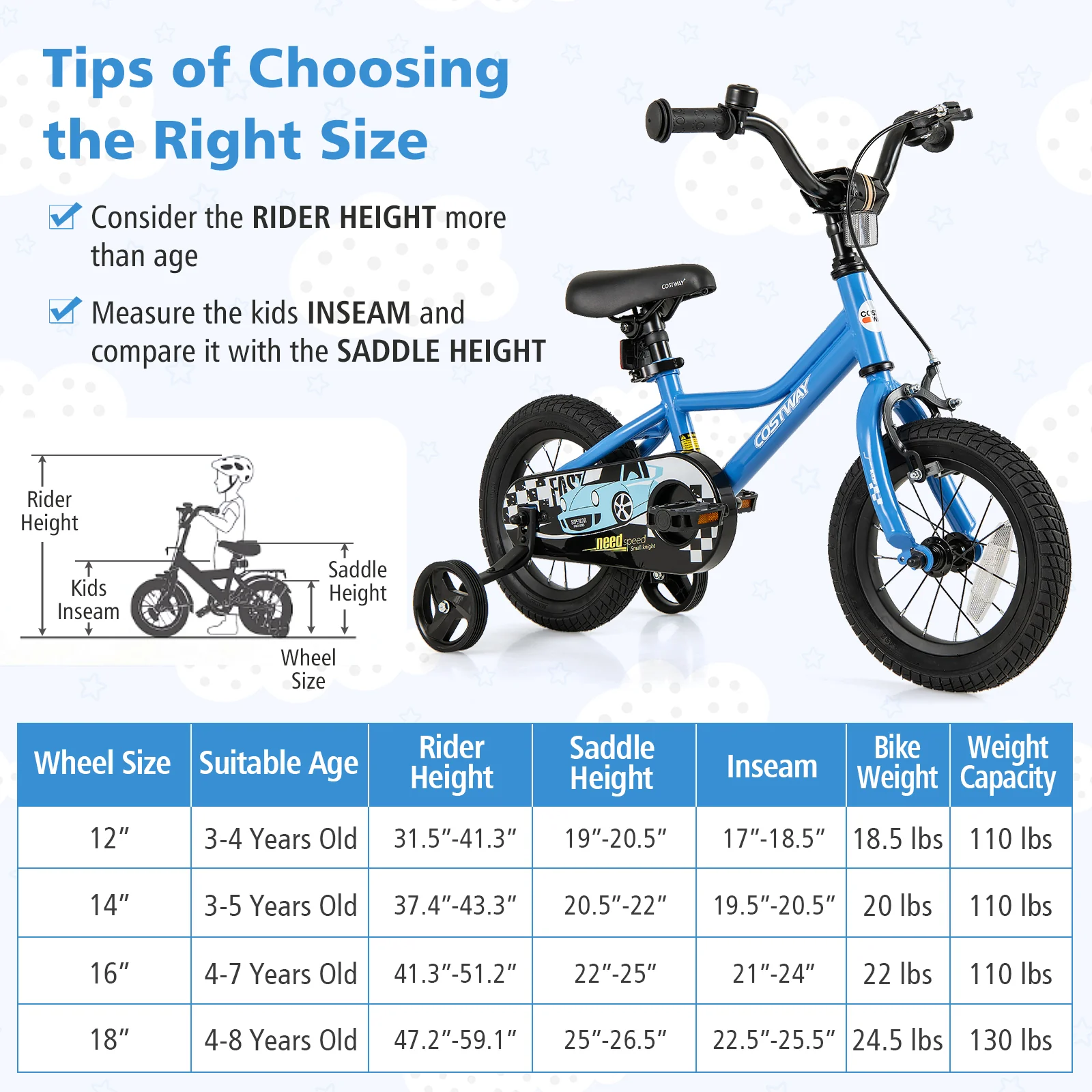 12 Inch Kids Bike, Removable Training Wheels, Aged 3-4 Years, Blue - Image 5