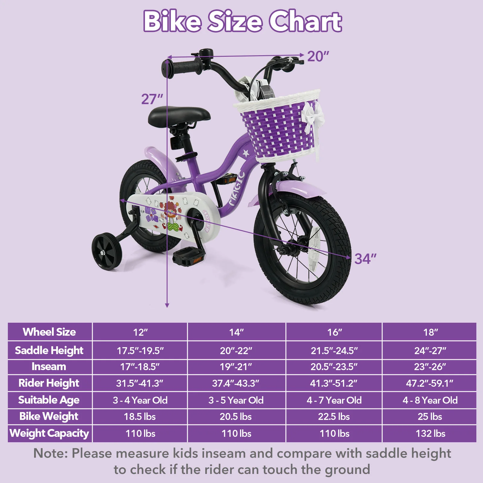 12 Inch Kids Bike with Training Wheels for Aged 3-4 Years Old - Magic Purple, Purple - Image 5