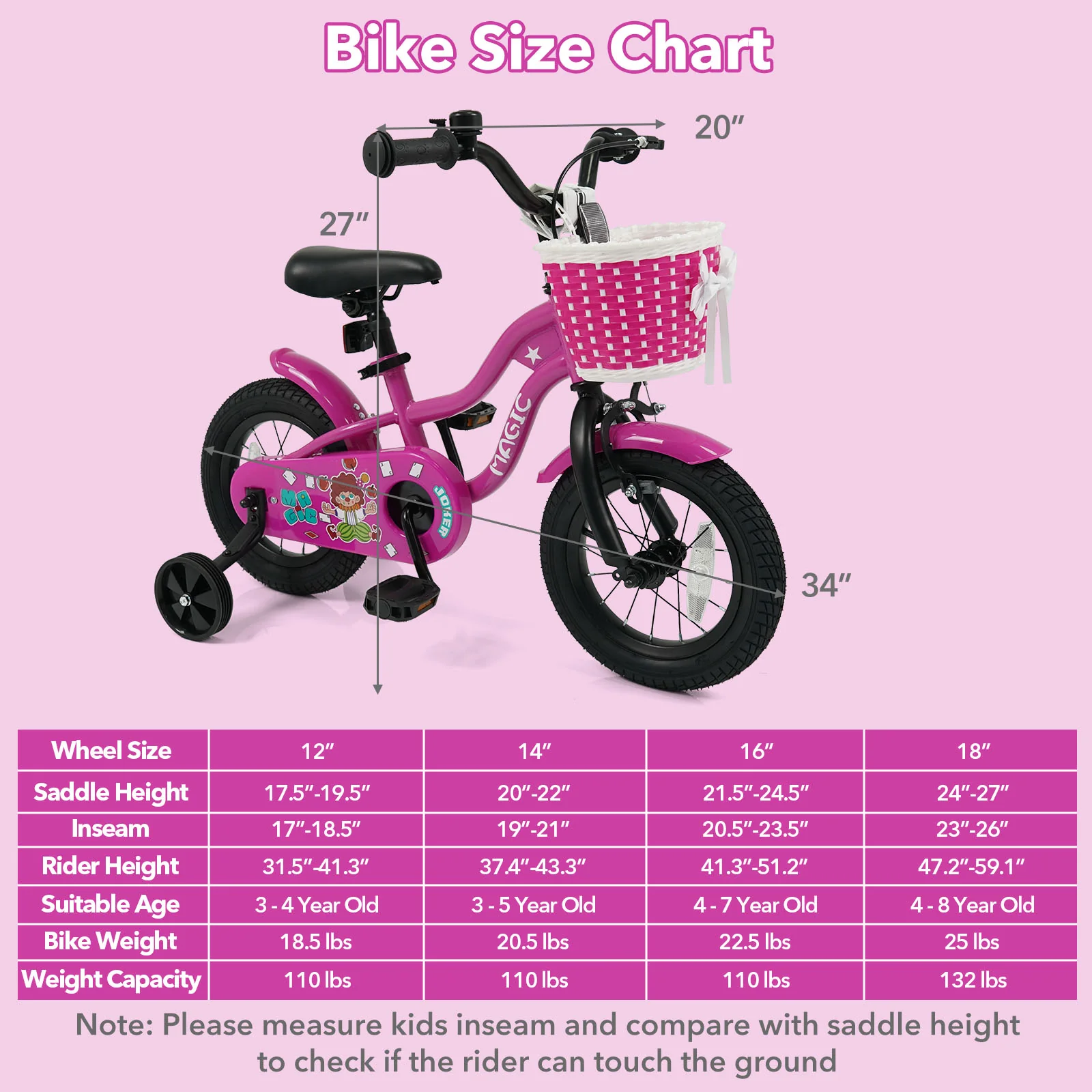 12 Inch Kids Bike with Training Wheels for Aged 3-4 Years Old - Magic Rose, Rose Red - Image 5