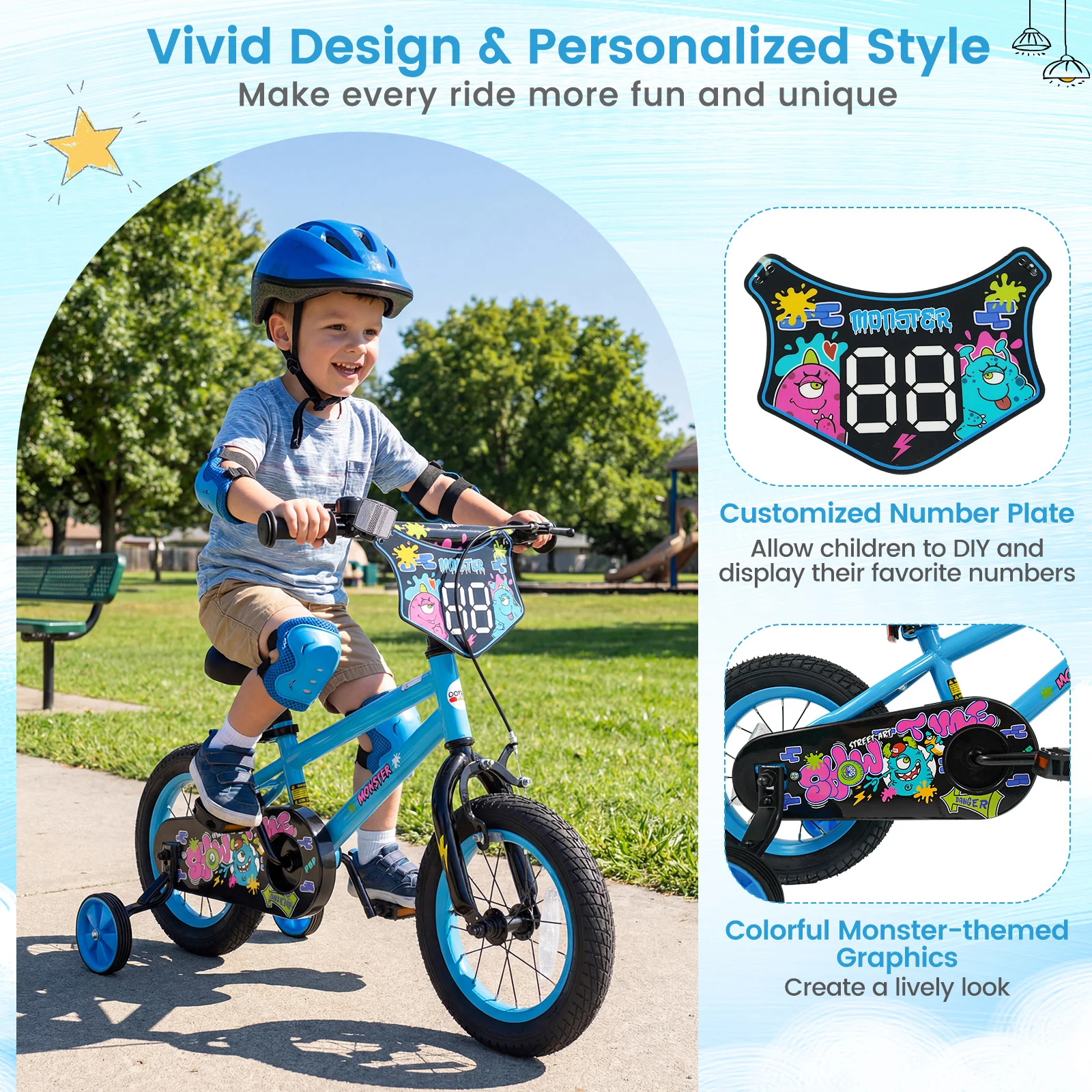 12 Inch Kids Bike with Training Wheels for Ages 3-8 Years Old Blue- Street Art Time, Blue - Image 10